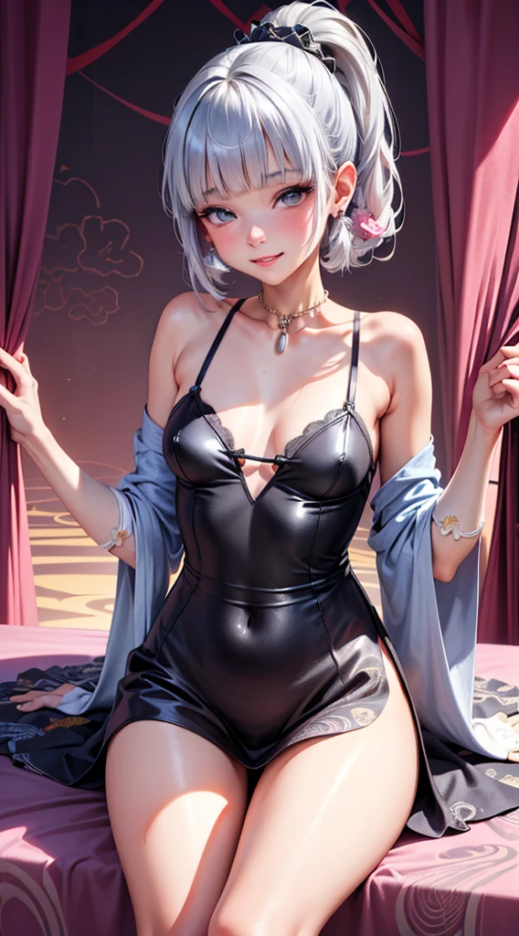 A female with medium breasts, slim body, tempting body, nice bare leg, bare arm, nice cleavage, bare shoulders, short hair, black hair, silk bed, silk mattress, soft bed, silk ornament, night lighting, flowers hair piece, feathers, particles, light rays, (masterpiece, top quality, best quality, official art, beautiful and aesthetic:1.2), (1girl:1.3), extremely detailed,(fractal art:1.1),(colorful:1.1)(flowers:1.3), highest detailed,(zentangle:1.2), (sexy sit pose), (curtain background:1.3), (shiny skin), (many colors:1.4), (earrings:1.4), (tight short lingerie:1.2), (shiny skin), (many colors:1.4), (earrings:1.4), sexy eyes, innocent, smile, sweet, beautiful, attractive body, gorgeous, pink blush, waiting, want something.