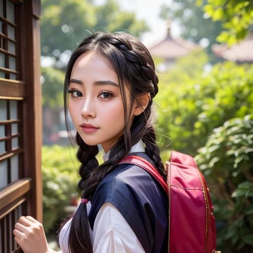 arafed asian woman with braided hair and a backpack, palace , a girl in hanfu, hanfu, inspired by Dai Xi, waist up portrait, mid shot portrait, japanese model, high quality portrait, beautiful portrait, chinese girl, headshot profile picture, dilraba dilmurat, fanart, 1 3 5 mm nikon portrait, cute portrait, xue han