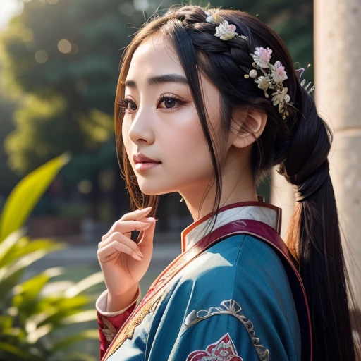 arafed asian woman with braided hair and a backpack, palace ， a girl in hanfu, hanfu, inspired by Dai Xi, waist up portrait, mid shot portrait, japanese model, high quality portrait, beautiful portrait, chinese girl, headshot profile picture, dilraba dilmurat, fanart, 1 3 5 mm nikon portrait, cute portrait, xue han