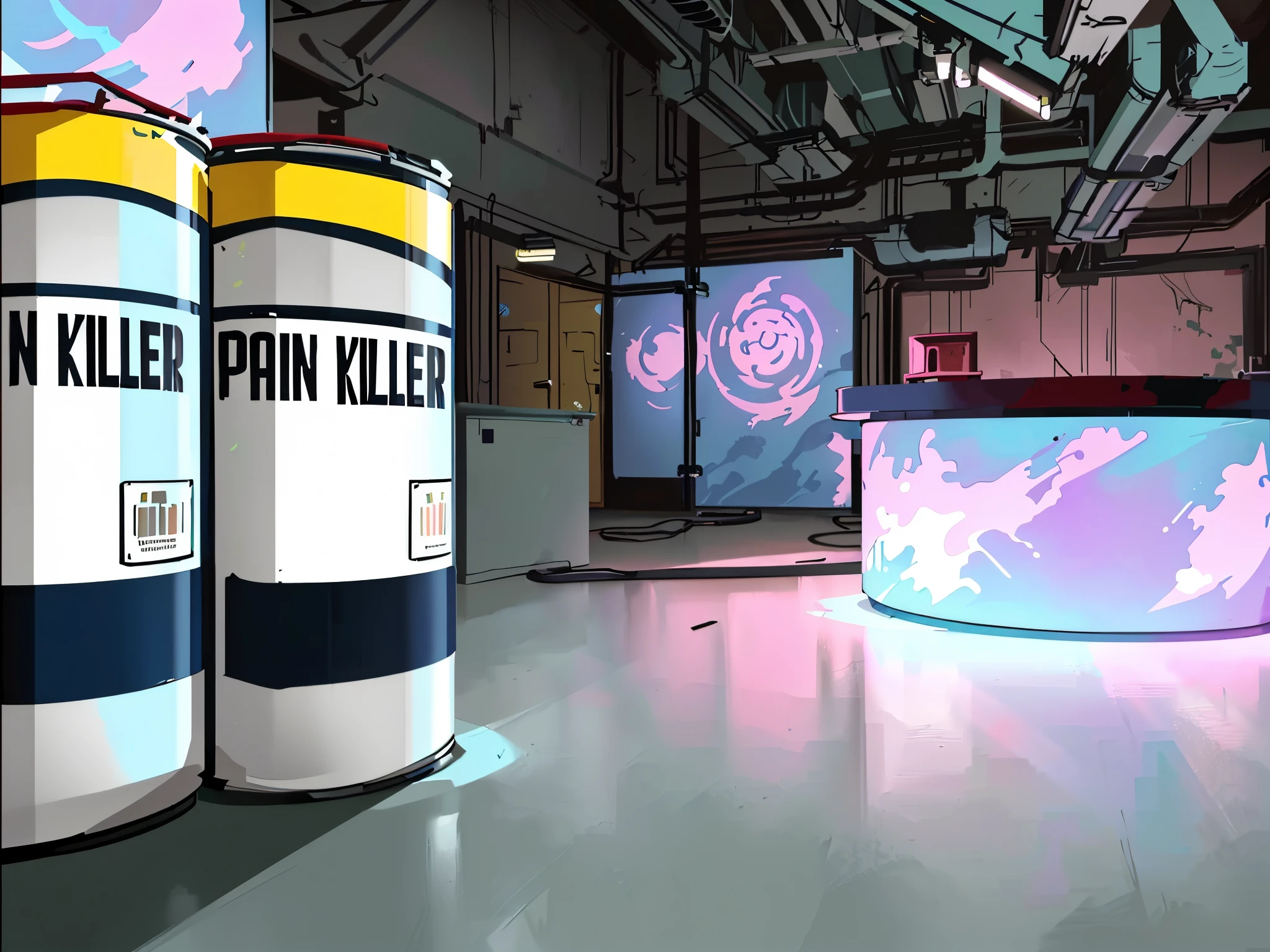 cartoon of two cans of paint sitting on a table in a room, background art, background artwork, random background scene, magic lab background, painted in anime painter studio, concept art for a video game, anime background art, indoor lab scene, scifi horror setting, lab background, color manga panel, fps game concept art, painted as a game concept art