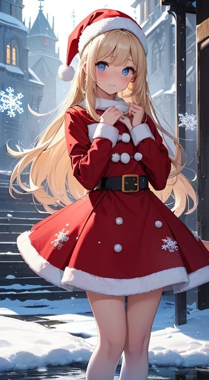 top-quality、Top image quality、masterpiece、teens girl((red santa costume、sixteen years old、 ager、Best Bust、big bast,Beautiful light blue eyereasts wide open, a blond、A slender,Large valleys、dye one's cheeks red、Leaning forward、White breath、Reflecting the whole body)),hiquality、Beautiful Art、Background with((Fantastic world、 Burn City at night、snowflakes falling、Heavy snow falls、snowman、 tower)))、masutepiece、depth of fields,