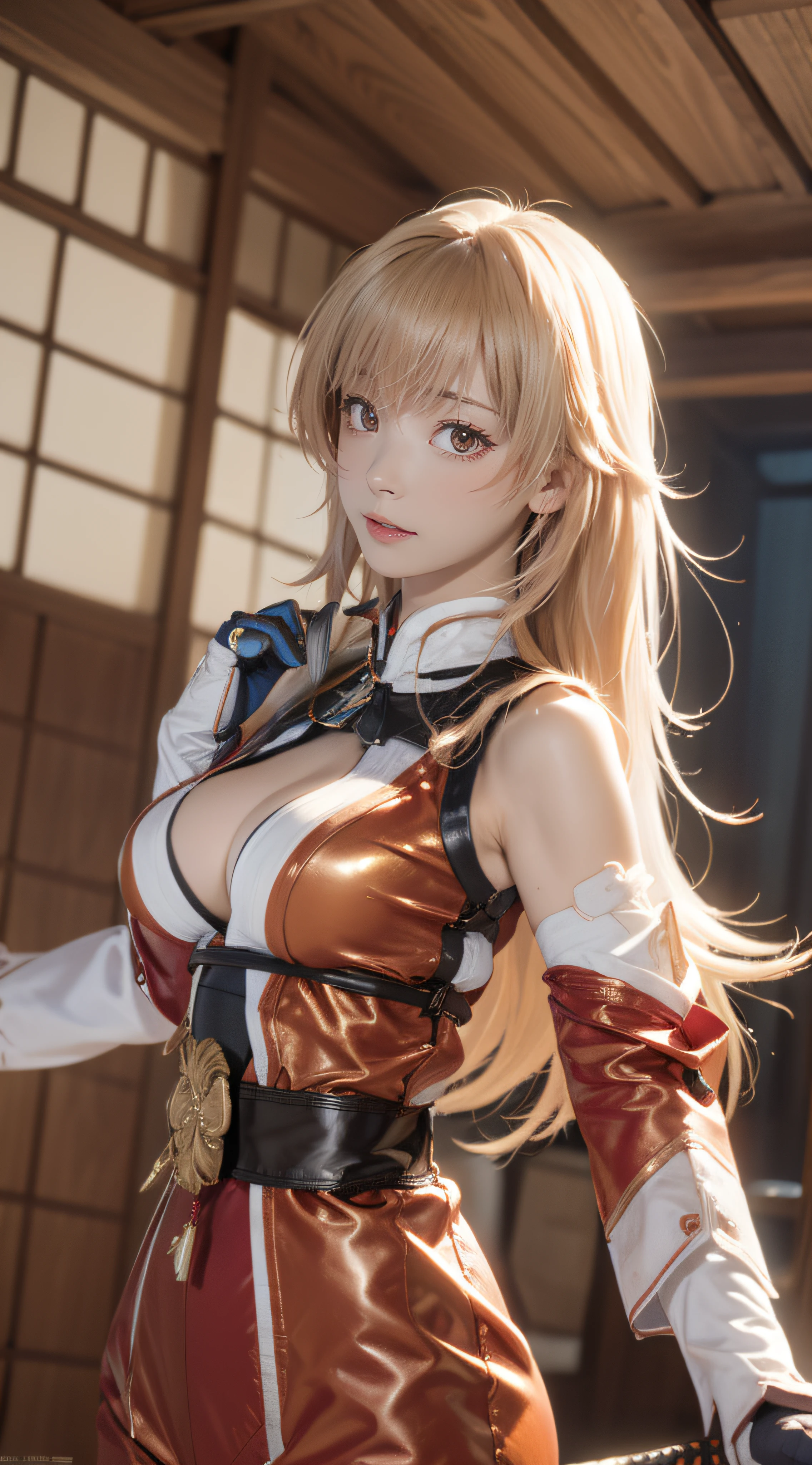 (From below),(Cinematic scene,(battoujutsu stance,Japanese Sword),(Pornographic Images),Fantasy Art, Highest image quality, Hyperrealist portrait, (8K), Ultra-realistic, Best Quality, High quality, High Definition, high quality texture, high detailing, Beautiful detailed, fine detailed, extremely details CG, Detailed texture, realistic representation of face, masutepiece, presence, Dynamic, Bold), 1girl in, Ultra detailed skin, Curve, Petite, Beautiful breasts, Large breasts, pale skin, pointed breast, Erect nipples, (Thin hair), (Soft hair), Swept long bangs, Extra bright coppery amber hair, Hair over one eye, Clothed, super sexy red santa costume
