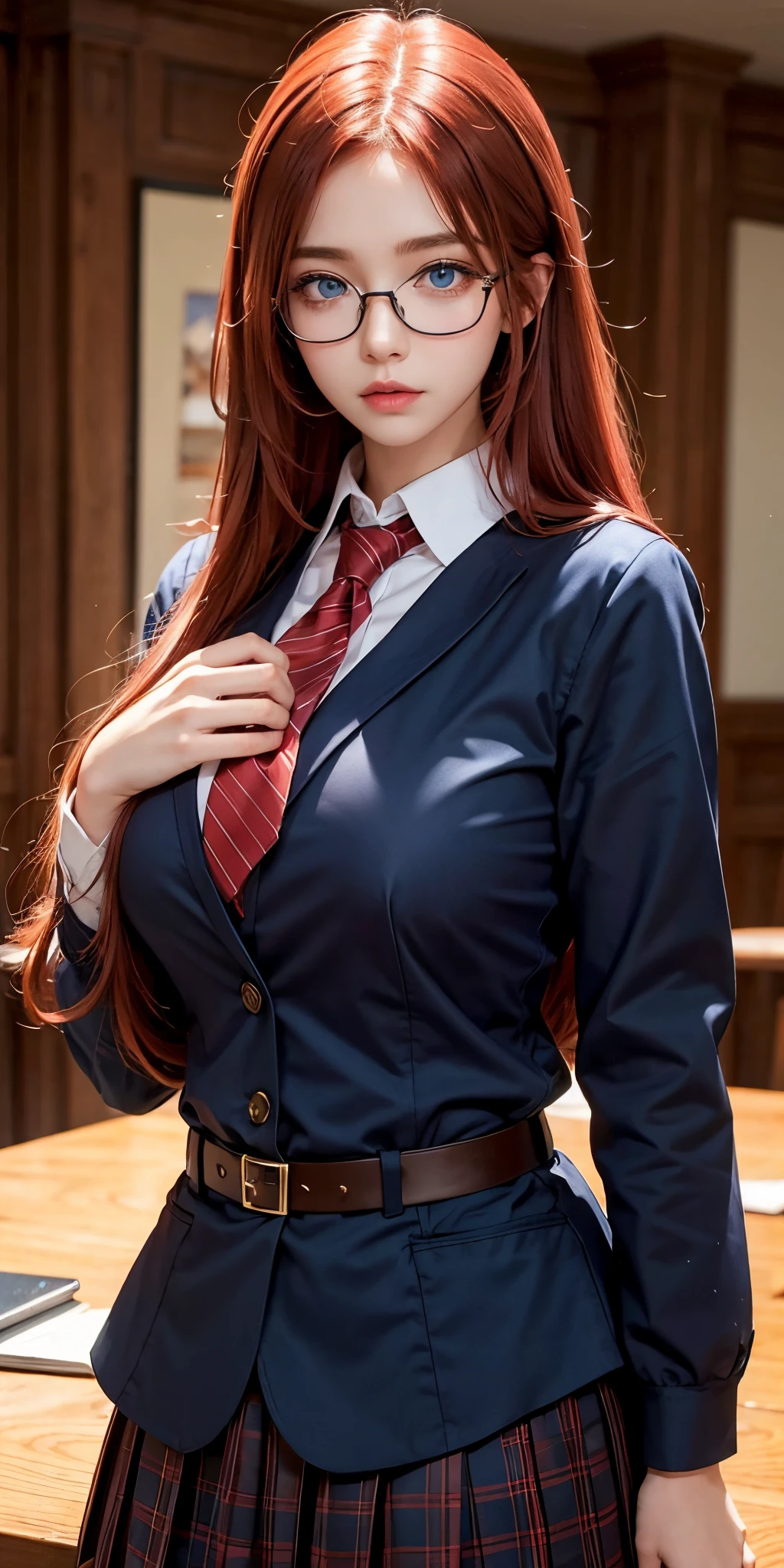 1girl,huge breast, red hair, long hair,blue eyes, glasses ,brown school uniform, high quality, ultra detailed, masterpiece, realistic