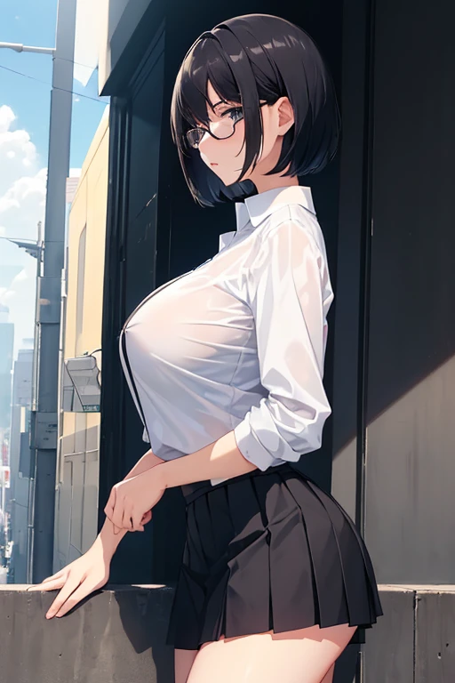 1 girl, (slim body:1.3), (huge breasts:1.1), black hair, short hair, white shirt, dark blue pleated skirt, glasses, neat and clean, (view from the side:1.2), (looking at the viewer:1.2),