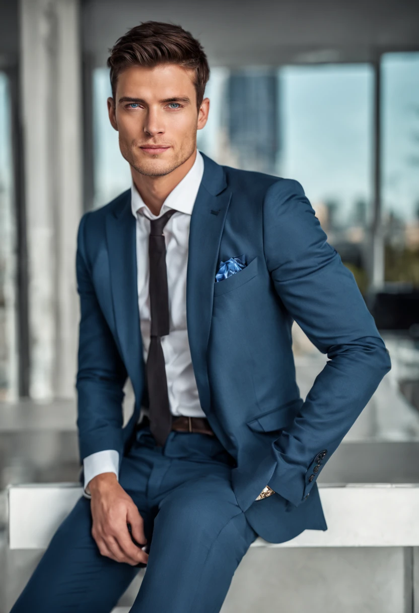 european young man,beautiful detailed blue eyes,dark short hair,dark suit,confident expression,sharp jawline,vibrant skin,smiling,handsome face,standing pose,city backdrop,professional studio lighting,realistic,in a big villa beautiful, with many cars, photorealistic:1.37,portraits,vivid colors,cool tone,soft lighting