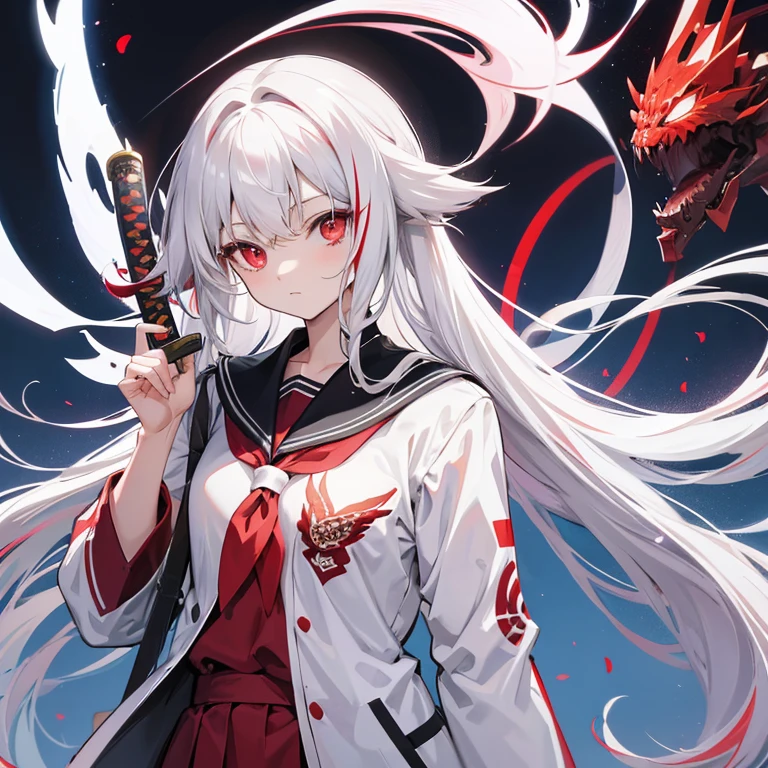Red eyes, long hair, white hair, high school student uniform, katana hanging on her back