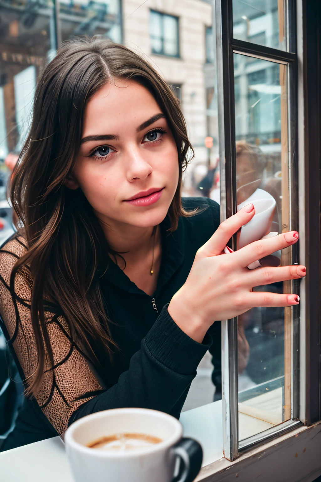 synthetic photograph of a girl through a window outside at cafe