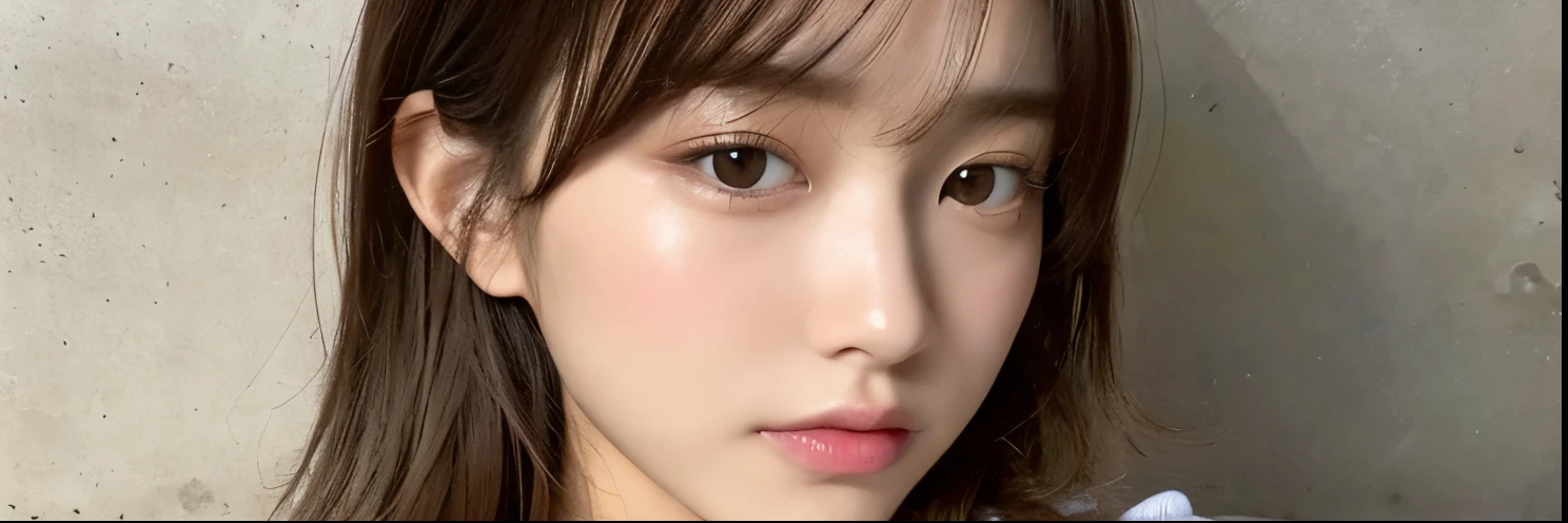 (top-quality、16K resolution)女の子1人、report、natural soft light、small tits、A Japanese Lady、Looking at the camera、white t-shirts、Concrete background、Facing the front、 Standing、bobhair、Woman in her late teens、Light bangs、short-hair、Salon model、Natural look、portlate、floated hair、Rolled hair