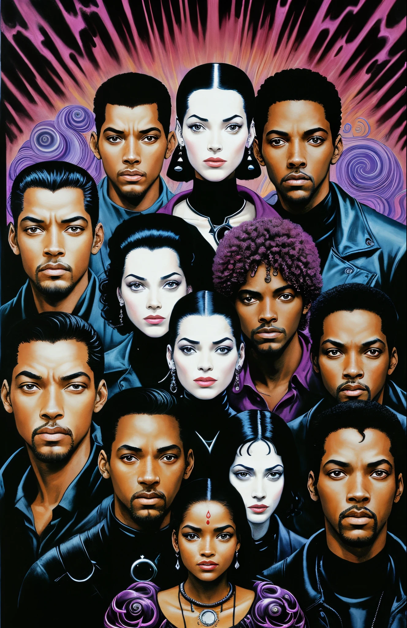 a painting of a group of people with faces painted on them, poster art, by Leo and Diane Dillon, trending on zbrush central, psychedelic art, lovecraftian eldritch horror, donnie darko, esteban maroto, sorayama. occult art, puṣkaracūḍa, in the movie dune, black light velvet poster