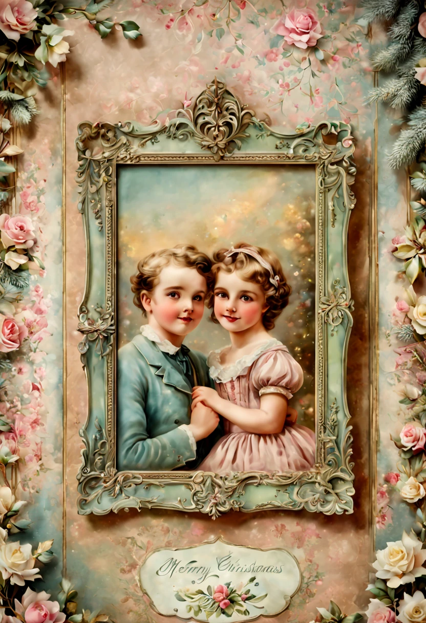 (christmas postcard design:1.2), 1900s postcard, soft lighting, romantic atmosphere, vintage colors, poor save condition, ornate frames, nostalgic charm, faded edges, soft pastel tones, dreamy ambiance, antique texture, old-fashioned handwriting, sentimental symbolism, intricate, (best quality, masterpiece, Representative work, official art, Professional, unity 8k wallpaper:1.3)