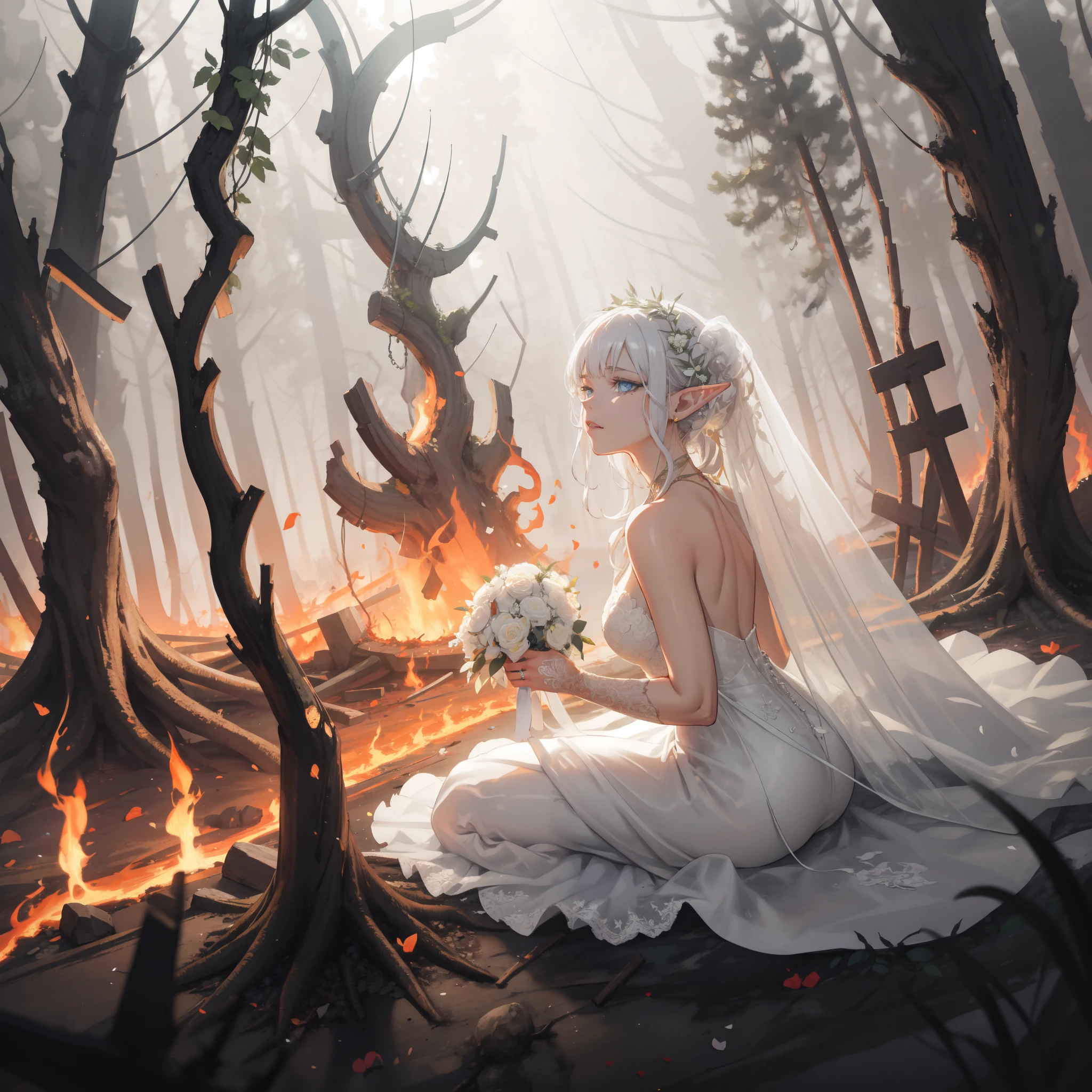 (masterpiece, best quality, ultra-detailed, best shadow), (beautiful detailed face:1.3),(solo), A beautiful elf girl in (torn dirty wedding dress:1.3) kneeling amidst rubbles of a war-torn fallen forest, (people running:1.2), (smoke, smog, fire:1.3), somber, innocence and devastation, (elf), 1girl, (Bangs, sidelock, white hair, blue eyes:1.2), (Broken tree effect:1.1), aesthetic, Cinematic lighting, art style by Artgerm, by Yusuke Murata, by Kawacy