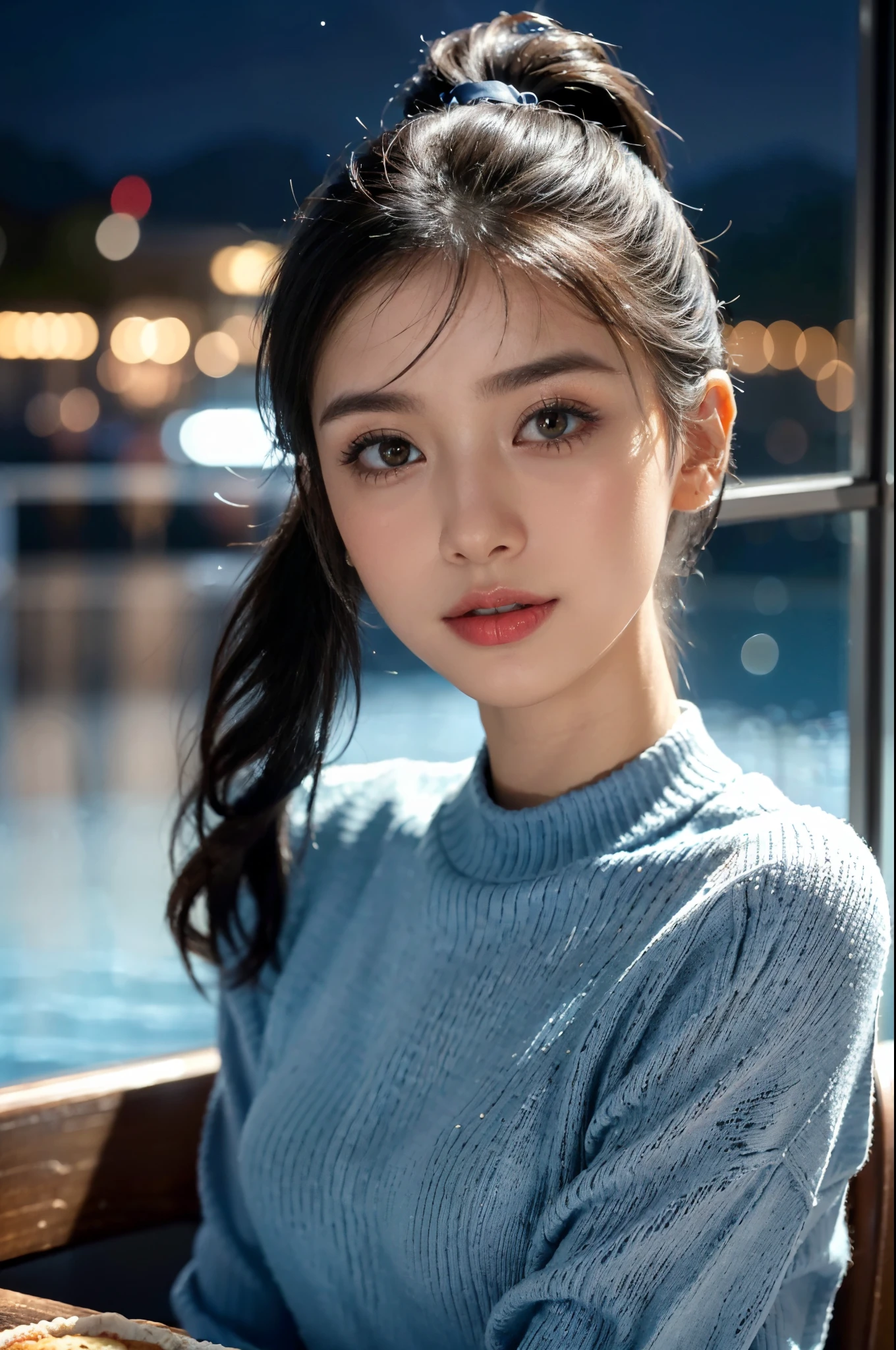 (shoulder-length straight black bob hair:1),((((8k))),((Extremely meticulous CG)) ,(wallpaper),16k,((Extremely refined and beautiful))，(((Masterpiece))),(((best qualtiy))),(((Ultra High Resolution))),beautiful light up，Perfect lightning，realistic shaded，[A high resolution],(Smooth and flawless fair skin:1.5),Extremely exquisite facial details,(perfect body：1.1),ultra - detailed,A beautiful girl,small head,((very short ponytail)),small face,Exquisite makeup,(pale skin:1.3),(Small breasts:1.1),Flat chests，slim，thin,happy Smile,(lake-blue sweater:1.3),(night scene:1.5),In a hamburger milk tea fast-food restaurant,bright indoor lighting,((sitting on the chair beside the table by the french window)),(outside the window  a winter night view),looking at viewer,(close-up of face:1.2)