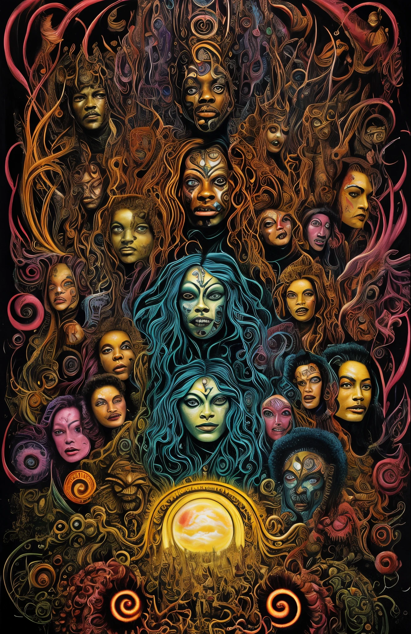 a painting of a group of people with faces painted on them, poster art, by Leo and Diane Dillon, trending on zbrush central, psychedelic art, lovecraftian eldritch horror, donnie darko, esteban maroto, sorayama. occult art, puṣkaracūḍa, in the movie dune, black light velvet poster