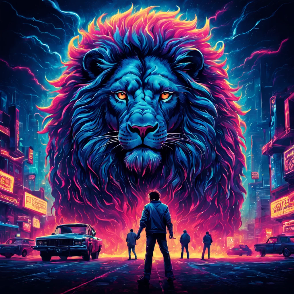 Blue Lion, tarantino style film cover, film poster,retro,gritty,grindhouse,cult classic,eccentric characters,dark humor,neon lights,vibrant colors,twisted narrative,plot twists,action-packed,stylized violence,larger-than-life,80s vibe,gritty textures,film grain,hand-drawn,edgy,iconic imagery,catchy tagline,dynamic composition,impressive illustrations,eye-catching design,unique typography,intense atmosphere, Enhance, intricate, (best quality, masterpiece, Representative work, official art, Professional, unity 8k wallpaper:1.1)