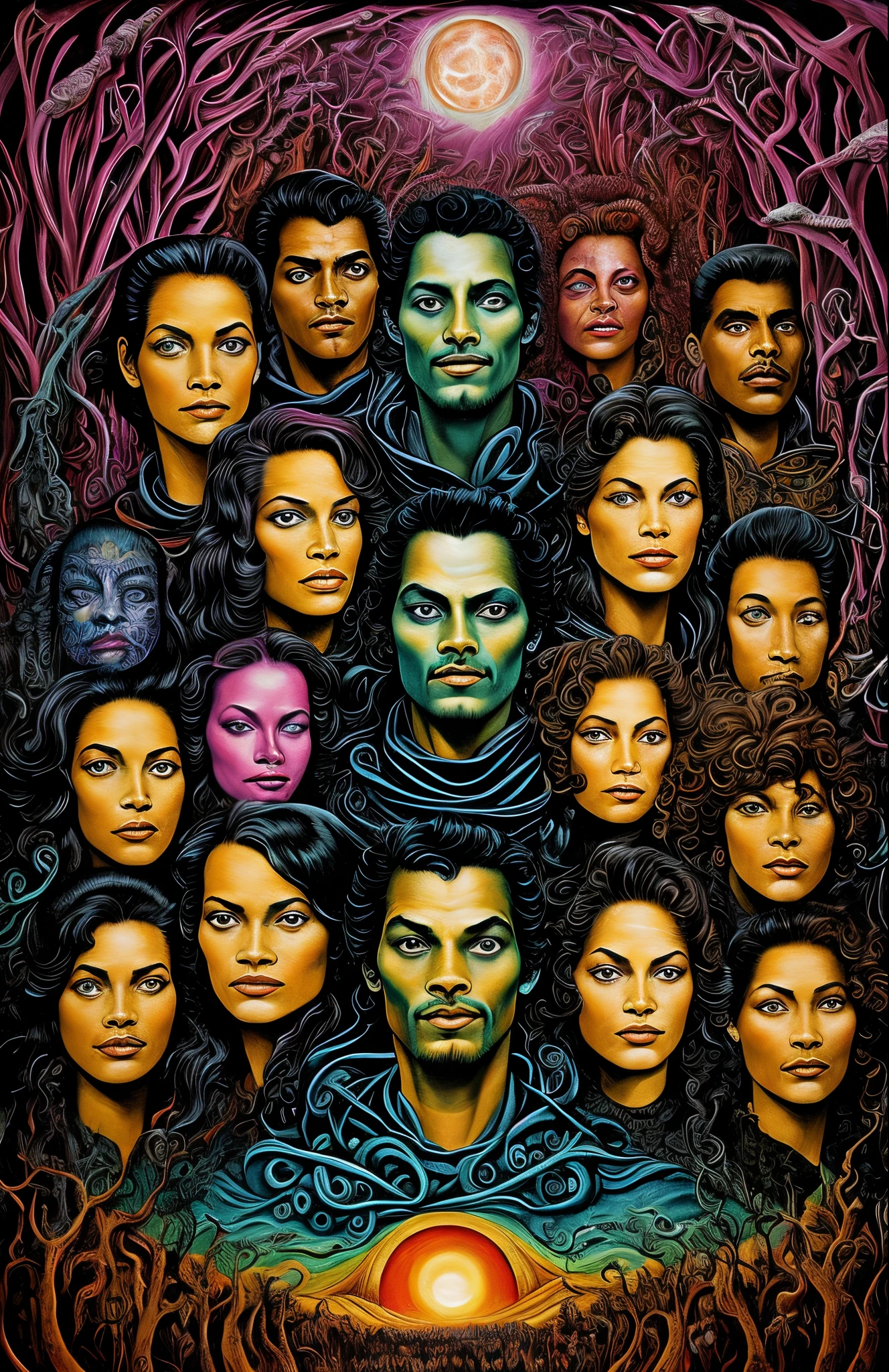 a painting of a group of people with faces painted on them, poster art, by Leo and Diane Dillon, trending on zbrush central, psychedelic art, lovecraftian eldritch horror, donnie darko, esteban maroto, sorayama. occult art, puṣkaracūḍa, in the movie dune, black light velvet poster