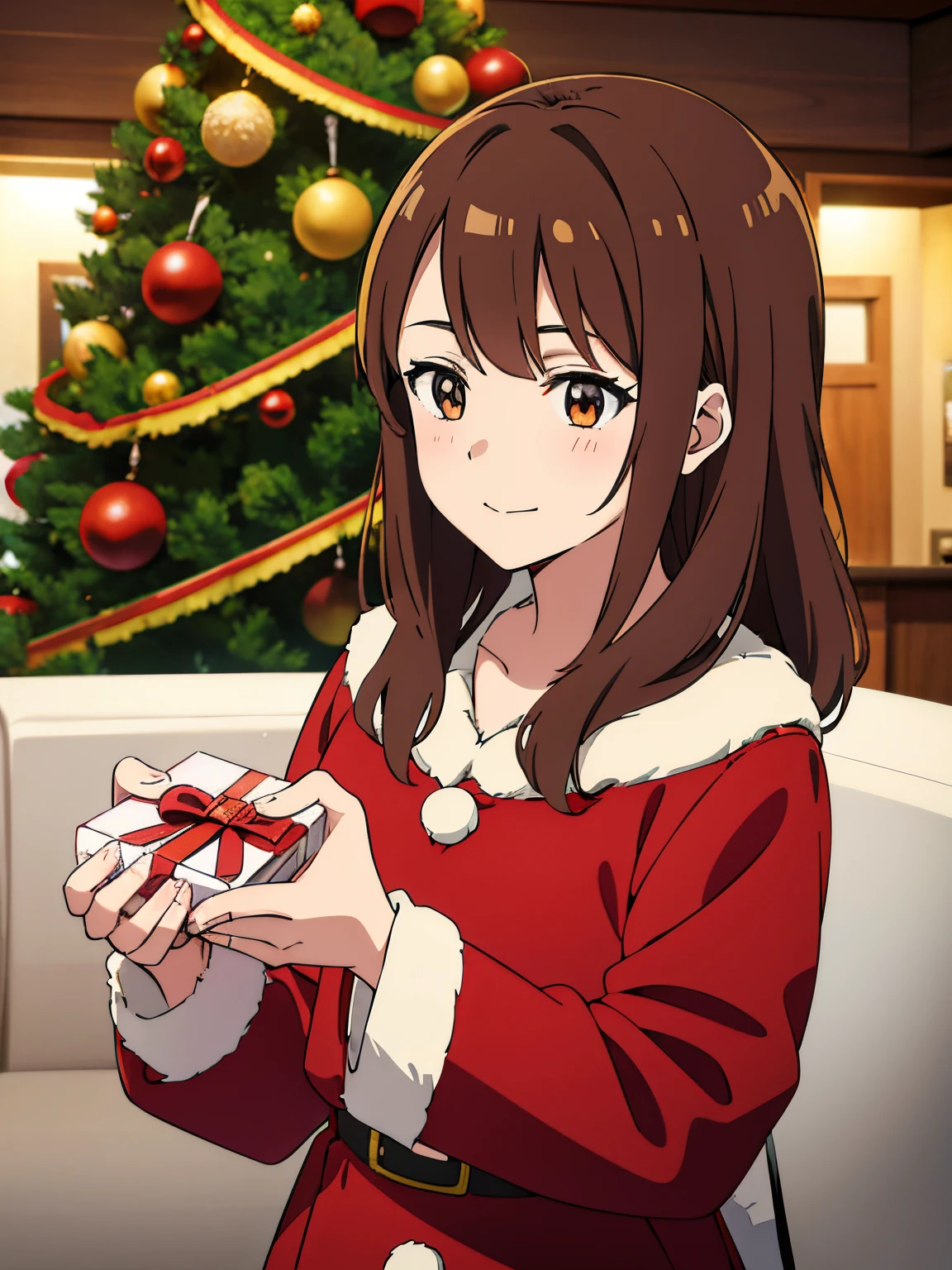Anime girl in Santa Claus clothes holding presents in front of the Christmas tree, Anime visuals of cute girls, holding gift, (Anime Girl), anime moe art style, Cute anime girl,