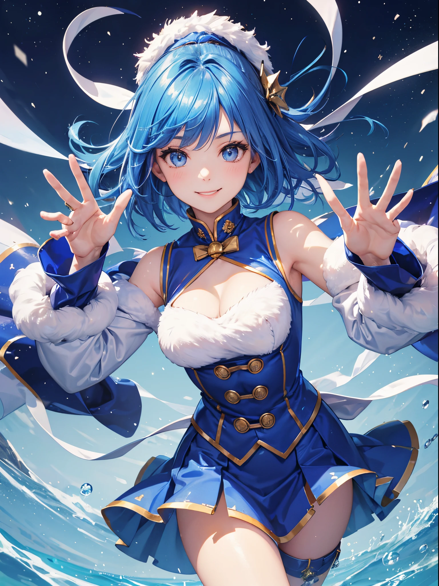 master piece,best quality, Solo lady,24 year old, beautiful eyes,cute, dynamic pose,blue santa claus costume, detailed clothing,blue tight skirt, shy smile, blue hair, short hair, flipped hair,waving in a strong wind hair,Mall