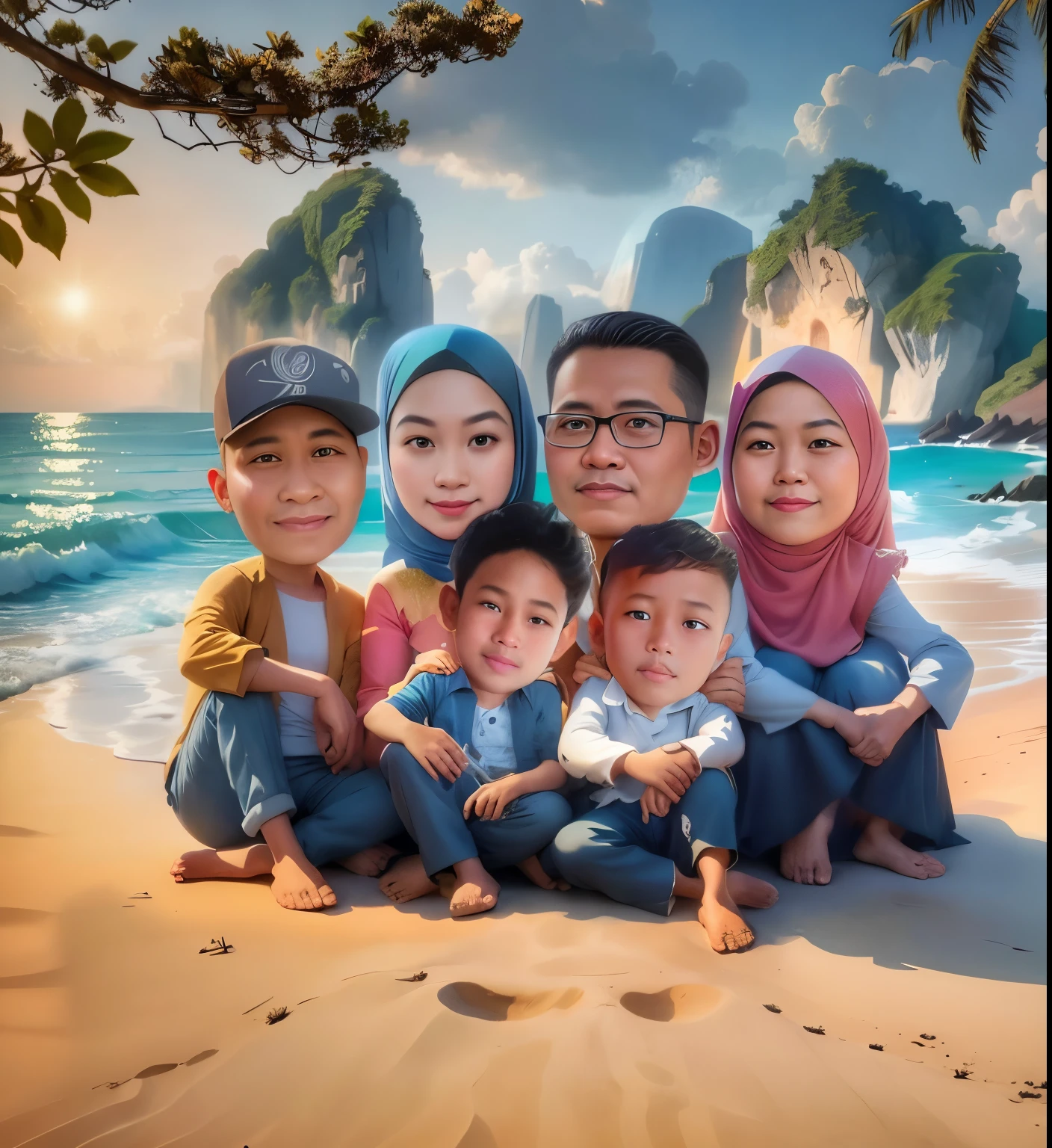 there are a group of people sitting on a beach together, an indonesian family portrait, happy family, barong family, family portrait, photorealistic!!!!!!! art style, potrait, realism artstyle, in cartoon style, photoshopped, by Abidin Dino, foto realistic, cartoon art, family, surreal realistic, hyperrealistic picture, high quality portrait, vacation photo