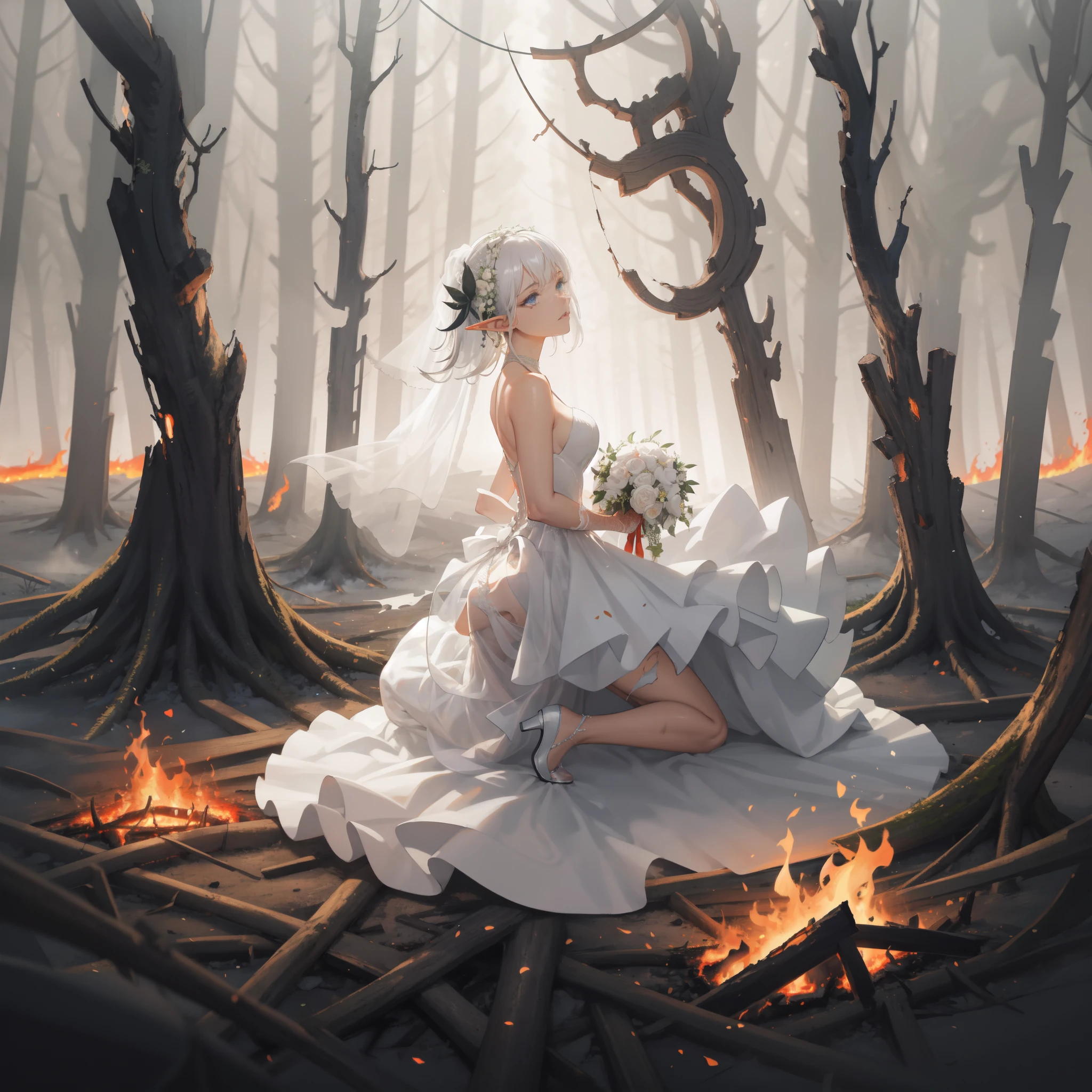(masterpiece, best quality, ultra-detailed, best shadow), (beautiful detailed face:1.3),(solo), A beautiful elf girl in (torn dirty wedding dress:1.3) kneeling amidst rubbles of a war-torn fallen forest, (people running:1.2), (smoke, smog, fire:1.3), somber, innocence and devastation, (elf), 1girl, (Bangs, sidelock, white hair, blue eyes:1.2), (Broken tree effect:1.1), aesthetic, Cinematic lighting, art style by Artgerm, by Yusuke Murata, by Kawacy