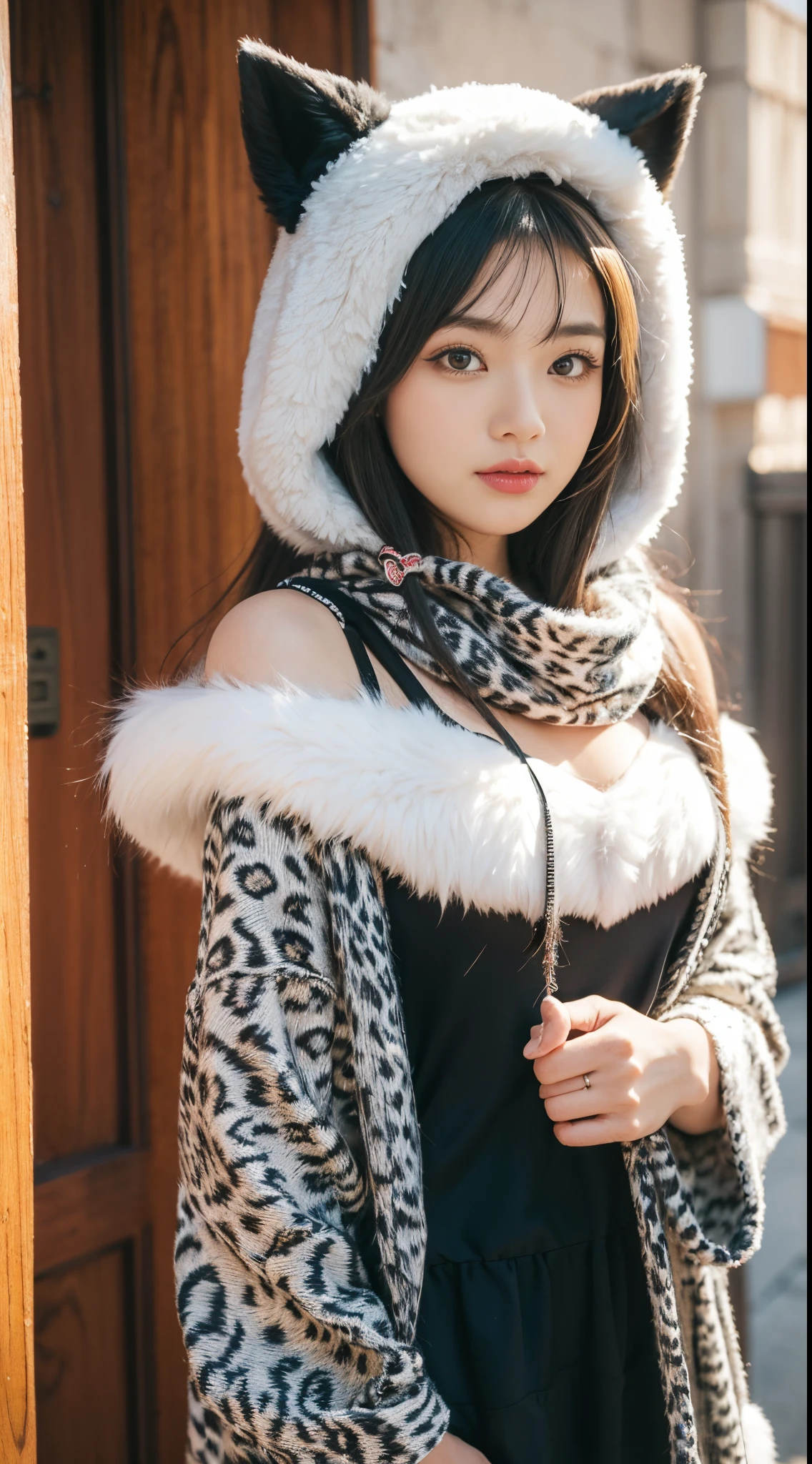 1 sister, animal costume, Animal ears, Animal bandana, Animal print, through bangs, The face red, medium, shut up, Eyebrows visible through hair, fur-trimmed shawl, fur-trimmed hood, raw edge sleeves, fur-trim, Green-eyed, Hooded, cover-up, horn, Long gray hair, longer sleeves, looking at viewert, persimmon, Pom Pom \(Clothes are\), Platinum Noel, silber hair, ssmile, own, Virtual YouTuber