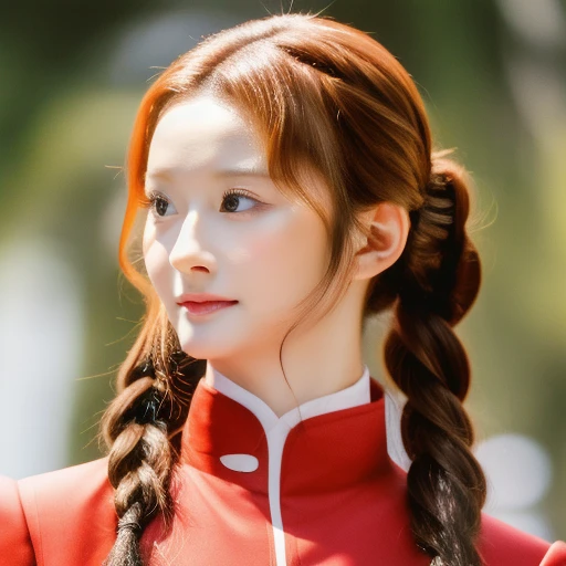 High quality, best quality, Meisterwerk, absurdres, rot_Jacke, ribbon, rot_Augen, blond_Haar, kurz_Haar, Haar_ribbon, smil, 1girls, zerrissene Kleidung, Stoffstücke, arafed asian woman with braided hair and a backpack, a portrait inspired by Dai Xi, cg society contest winner, shin hanga, palace , a girl in hanfu, hanfu, waist up portrait, mid shot portrait, japanese model, high quality portrait, beautiful portrait, chinese girl, headshot profile picture, dilraba dilmurat, fanart