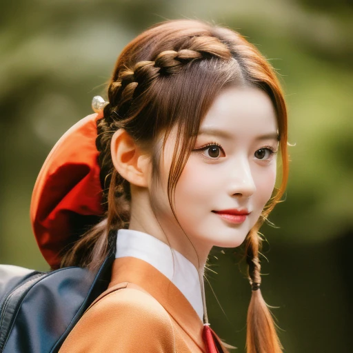 High quality, best quality, Meisterwerk, absurdres, rot_Jacke, ribbon, rot_Augen, blond_Haar, kurz_Haar, Haar_ribbon, smil, 1girls, zerrissene Kleidung, Stoffstücke,  arafed asian woman with braided hair and a backpack, a portrait inspired by Dai Xi, cg society contest winner, shin hanga, palace ， a girl in hanfu, hanfu, waist up portrait, mid shot portrait, japanese model, high quality portrait, beautiful portrait, chinese girl, headshot profile picture, dilraba dilmurat, fanart