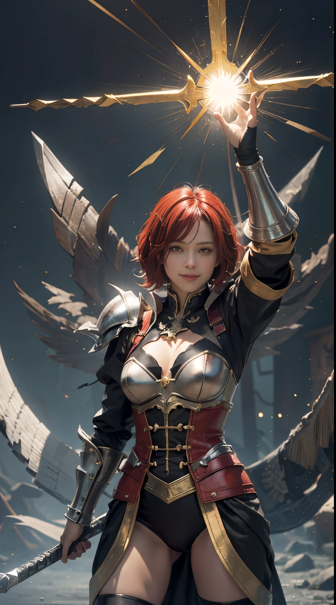 StarkFrieren, 8k, best quality, highres, realistic, real person, A warrior facing a demon lord, more lightly armored this time, with a mischievous, cunning smile. The warrior has short red hair and wields a large, ornately decorated axe. The setting is a fantasy battleground. The warrior's pose is more relaxed and sly, reflecting their crafty personality. The background includes magical effects and a dark, ominous atmosphere, emphasizing the ongoing battle.