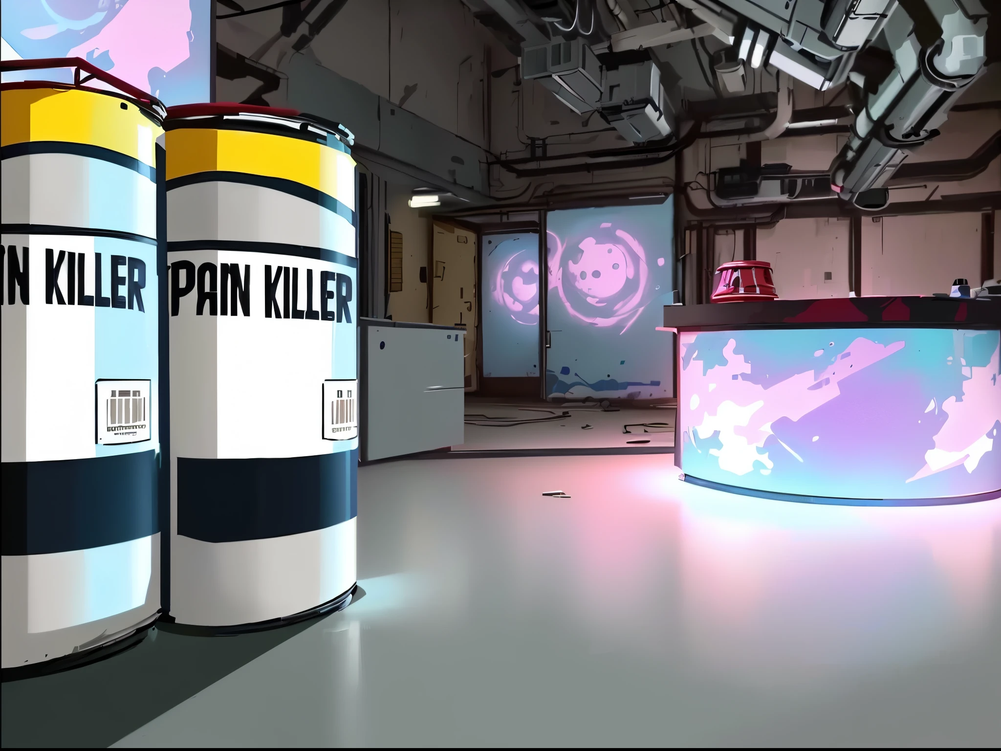 cartoon of two cans of paint sitting on a table in a room, background art, background artwork, random background scene, magic lab background, painted in anime painter studio, concept art for a video game, anime background art, indoor lab scene, scifi horror setting, lab background, color manga panel, fps game concept art, painted as a game concept art