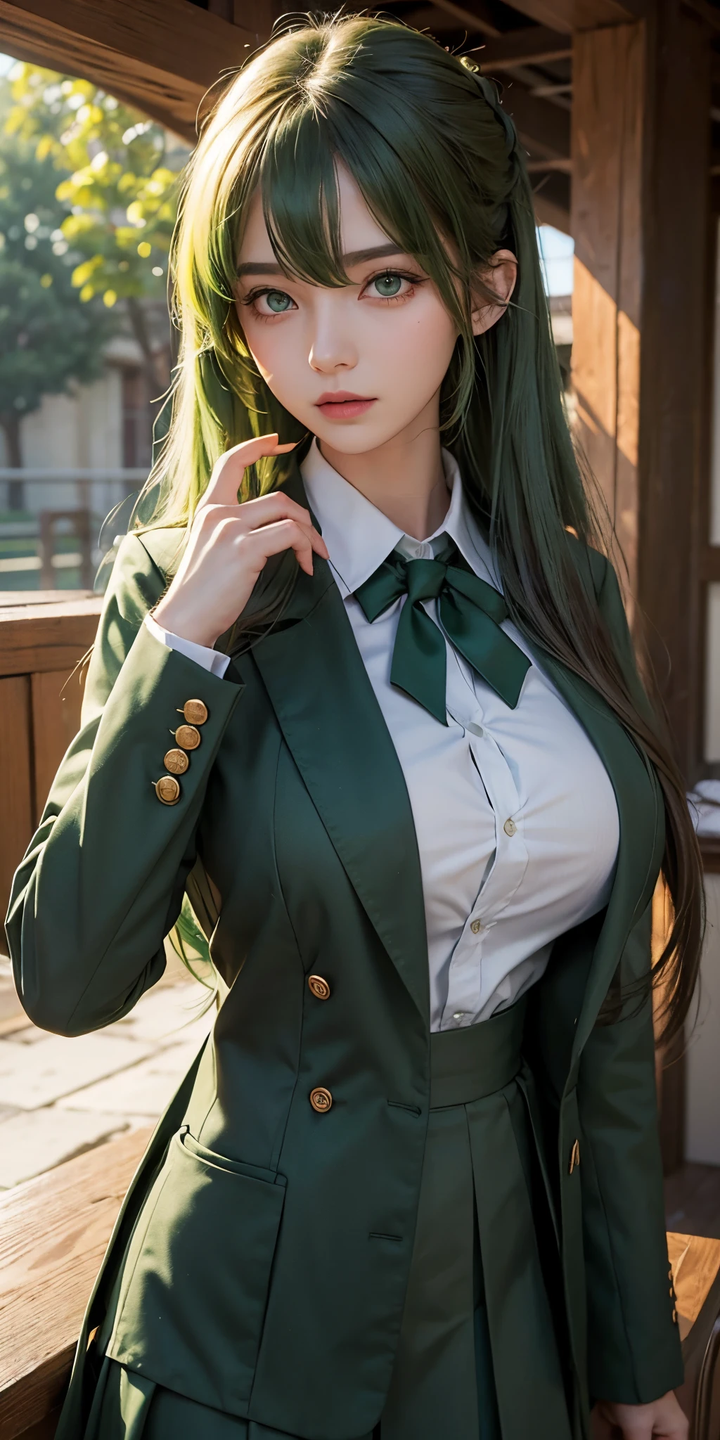 1girl,huge breast, green hair, long hair, green eyes ,brown school uniform, high quality, ultra detailed, masterpiece, realistic