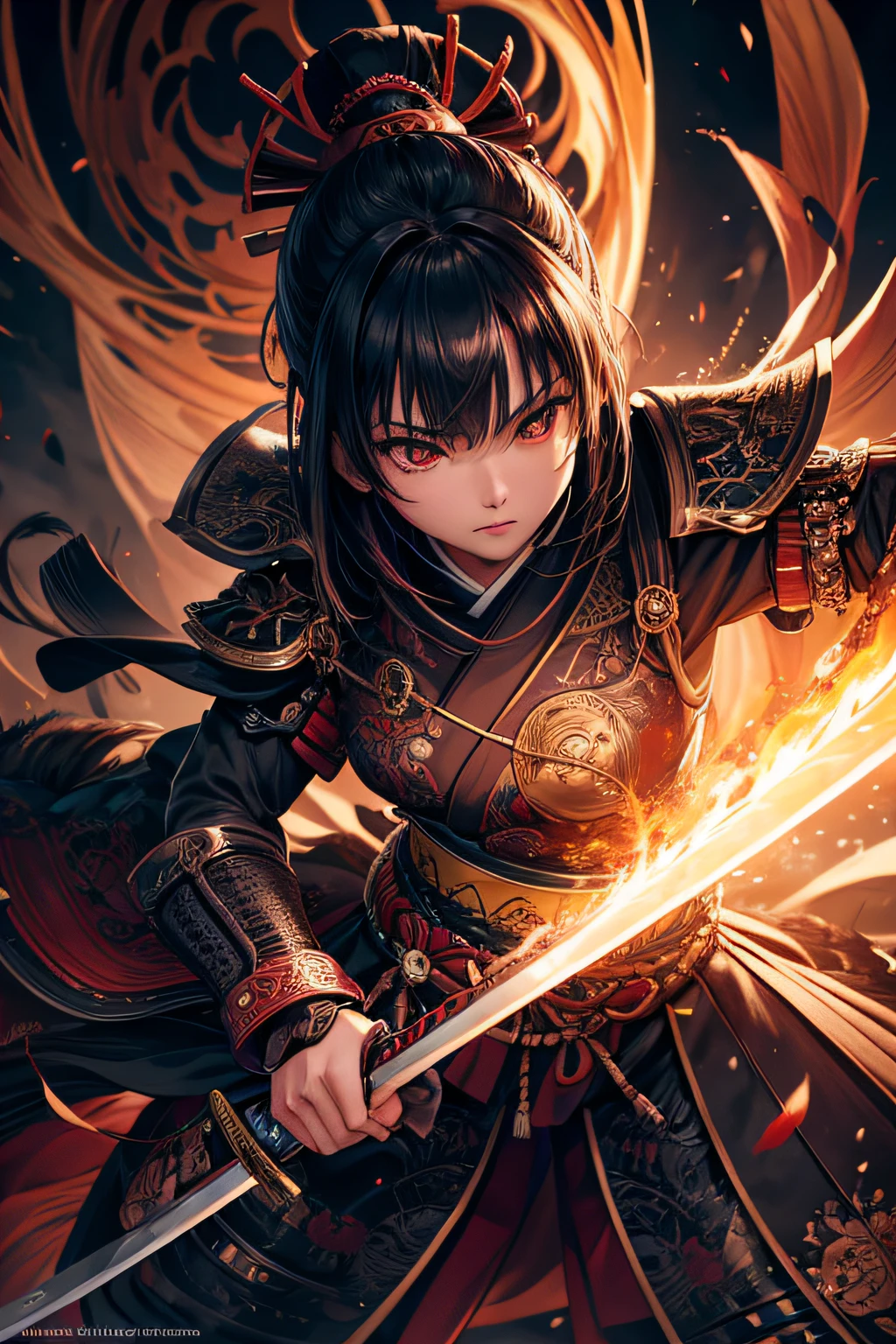 young japanese girl, samurai, evil look,,combat stance, wielding a sword, highly detailed, full body view, vibrant appearance, creative behavior, extremly detailed, imaginative, sensual, spontaneous, highest quality, skin texture, intricate details, (cinematic lighting), RAW photo, 8k, masterpiece,best quality,ultra-detailed,very detailed illustrations,extremely detailed,intricate details,highres,super complex details,extremely detailed 8k cg wallpaper,
