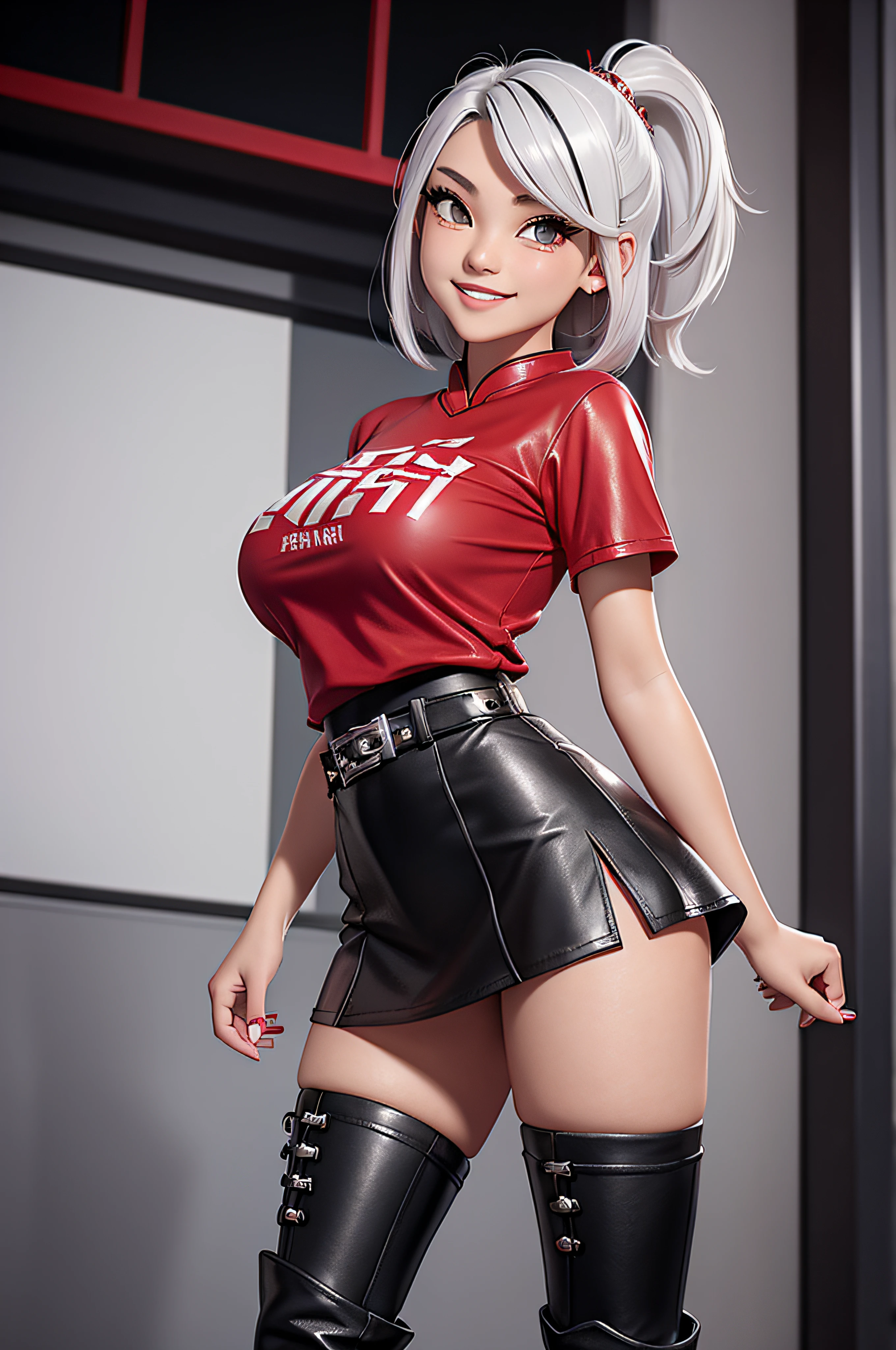 Beautiful Chinese  female, bob hair with silver streaks, large breasts, red t shirt, black short skater skirt, leather boots, punk girl, masterpiece, photorealistic, smiling