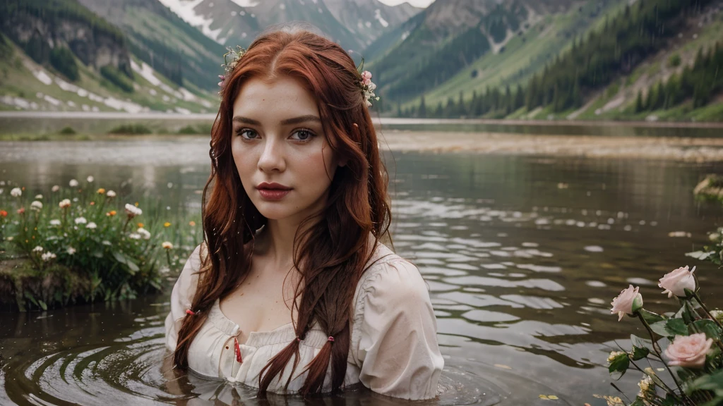 beautiful,slavic woman,young girl ,slavic look,folk clothes,blurry background,red hair,heavy make up,pink lipstick,Polish,8k,ultra realistic,realistic face,realistic body,one girl,rain,day,flowers,outsite,landscape,in water,lake,mountains,wet hair,beautiful