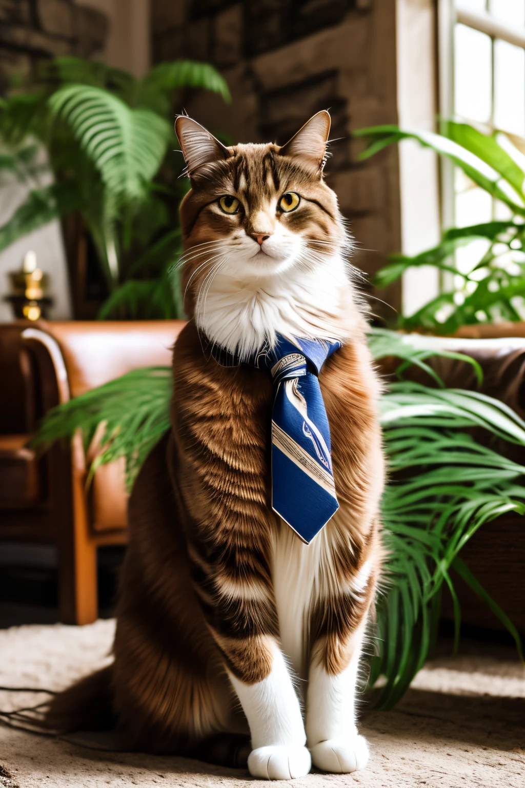 A fashionable brown long-haired cat relaxing in a modern living room, wearing a sophisticated tie and a small hat, sitting on a sofa. In the background are stylish lamps and plants. An adventurous white short-haired cat dressed as an explorer, posing inside an ancient ruin. The background features stone pillars and jungle vegetation. The cat's outfit includes a khaki vest and hat, holding a small map in its paw.