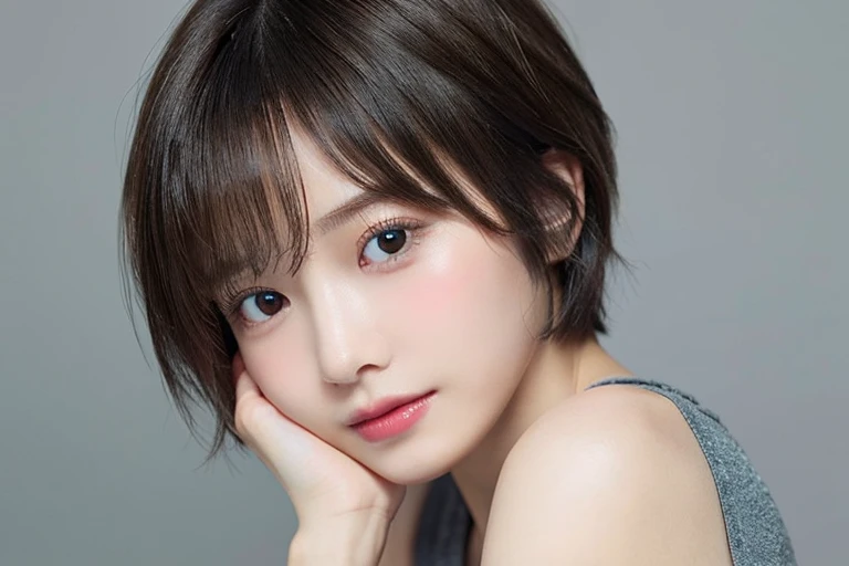 1girl in、real looking skin、(short-hair:1.1)、Very short shorthair、(Photorealsitic:1.1)、Beautuful Women、unrevealing clothesbeauty salon、Gray background、Natural look