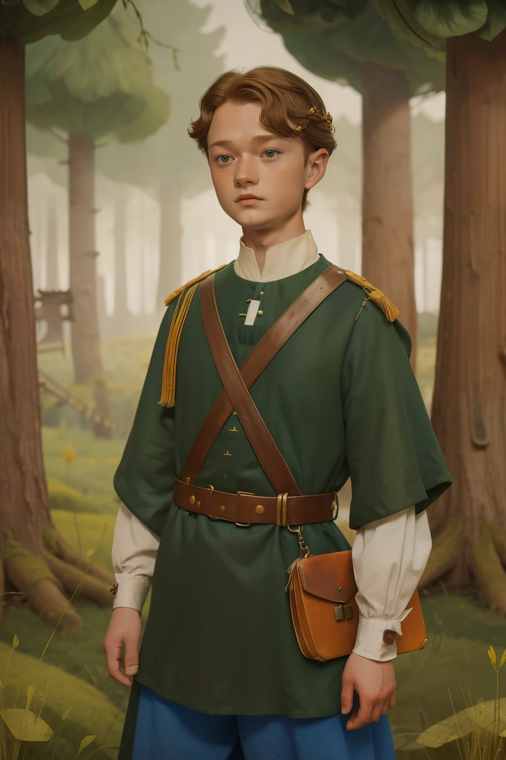 1135, England. otherworldly scene with a forest outside a construction site, (((()) Levi Miller)), look of relief, ((((poor tunic from the 12th century)))), ((Hairstyle of the 12th century)), ((Wes Anderson cinematic style)), colorful