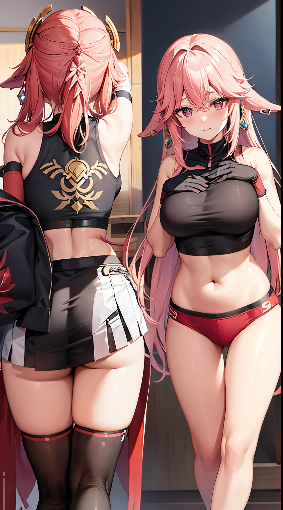 Yae miko - genshin impact, yae miko, genshin impact, Sports bra, big breast, midriff, detailed face, detailed body render, high quality, girl, Sports pants, hands behind head, sexy, blush, plump thighs