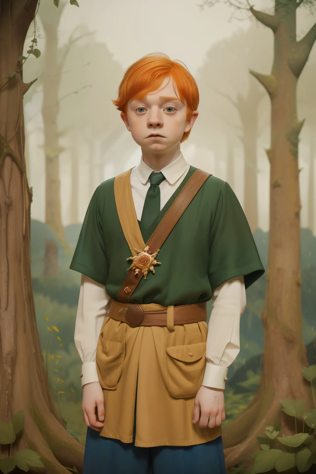 1135, England. otherworldly scene with a forest outside a construction site, ((((14-year-old)) Rupert Grint)), look of relief, ((((poor tunic from the 12th century)))), ((Hairstyle of the 12th century)), ((Wes Anderson cinematic style)), colorful