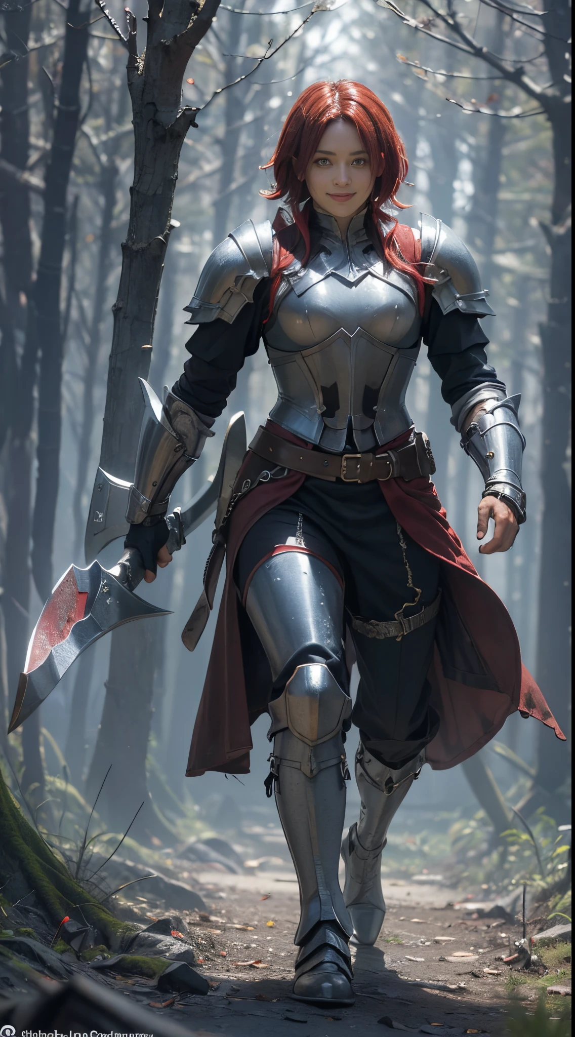 8k, best quality, highres, realistic, real person, A warrior facing a demon lord, more lightly armored this time, with a mischievous, cunning smile. The warrior has short red hair and wields a large, ornately decorated axe. The setting is a fantasy battleground. The warrior's pose is more relaxed and sly, reflecting their crafty personality. The background includes magical effects and a dark, ominous atmosphere, emphasizing the ongoing battle.