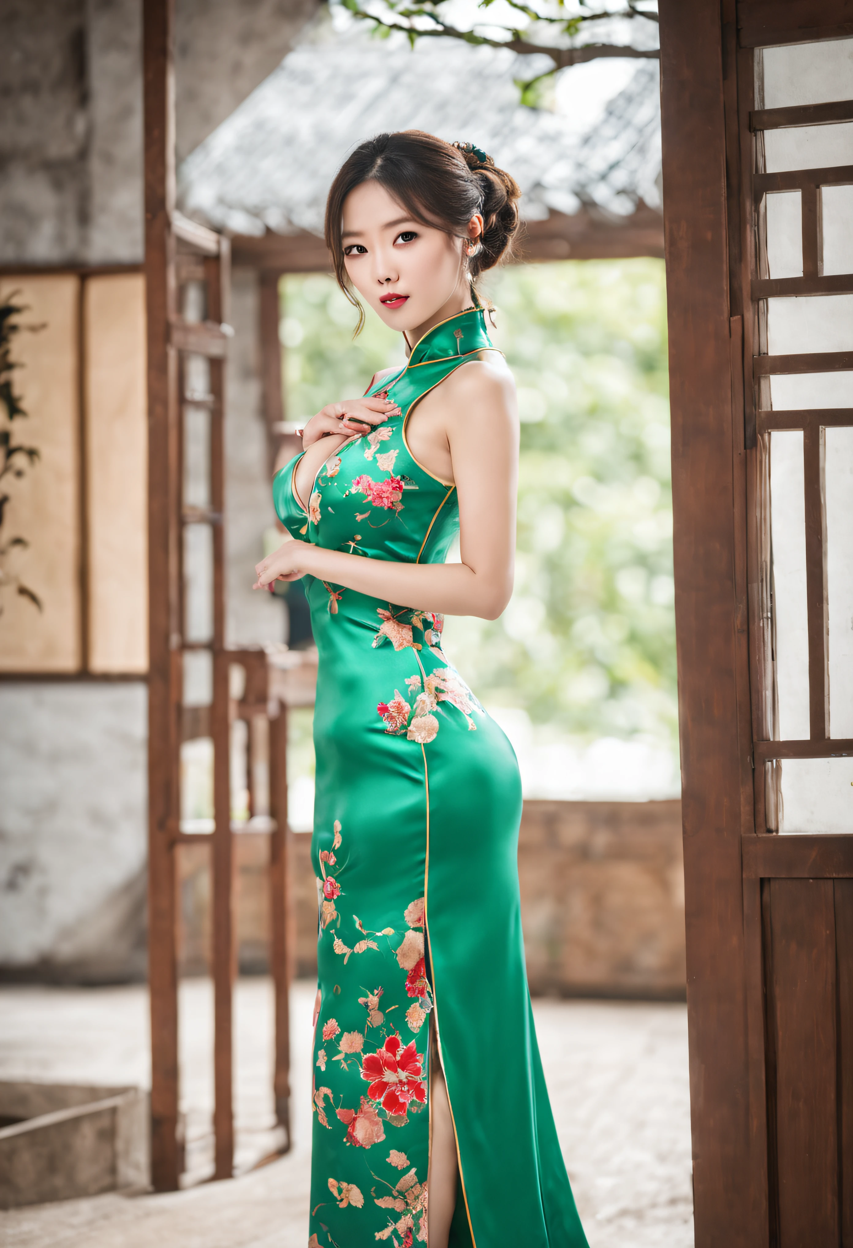 1 busty girl，Alone，On the cheongsam，stage