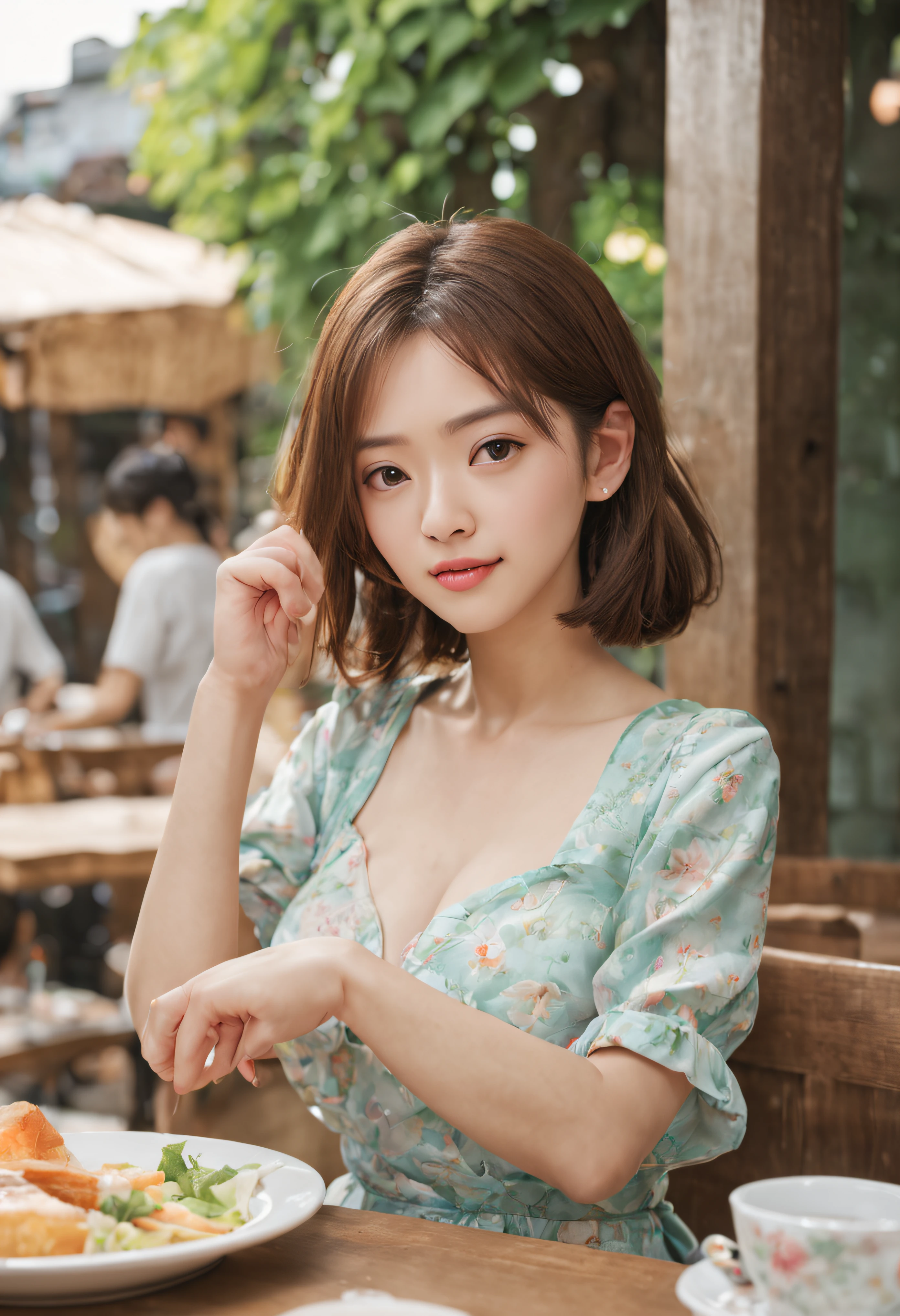 On a table, Best quality, illuminations, ultra - detailed, Detailed pubic hair, A high resolution, 8k wallpaper, Perfect dynamic composition, beautidful eyes, Summer of Ladies,Medium hair,Natural lip color,ssmile,Harajuku、20岁女孩、Cute big breasts、Look at the sexy shots of the lens、Depth of subject、filmgrain、Ilford HP5、clean clothing