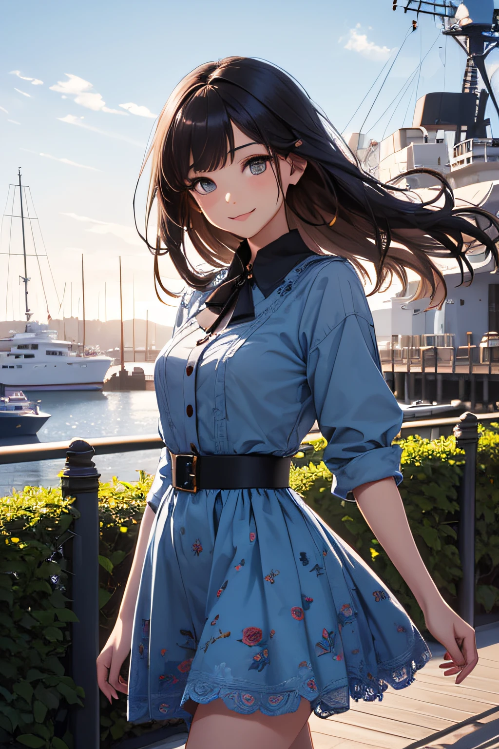 Very cute and beautiful girl,(very detailed beautiful face and eyes:1.2),Smile,(Cowboy Shot),
navy blue ruffle dress,Walking,Dynamic Pose,(Detailed legs,Mini skirt:0.9),
Dynamic Angle,Black hair,(rose garden),naval port,warship in the distance,
(Best Quality,masutepiece:1.2),(Intricate details:1.2),hight resolution,Solo,Natural lighting,
Hair fluttering in the wind,Beautiful detailed sky,