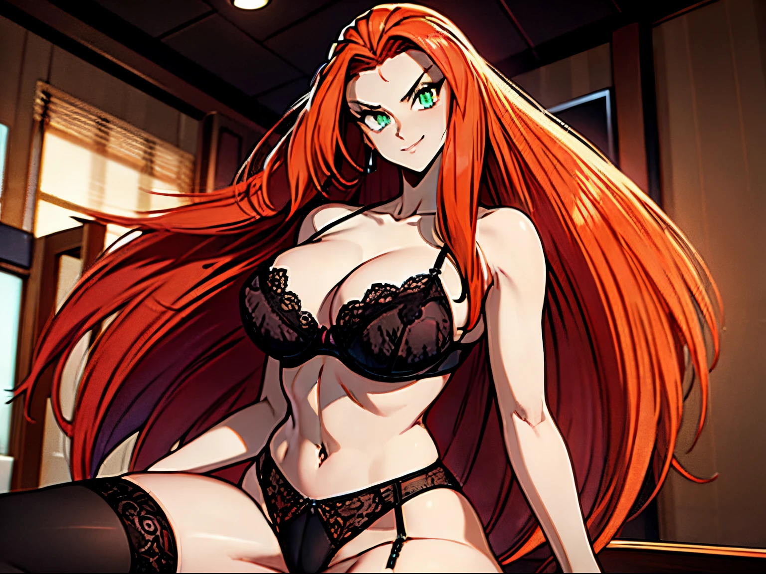 ((masterpiece)), ((best quality)), ultra detailed, detailed background, orange hair, Long Hair , green eyes, thin eyes, extreme large breast, long hair,, highest details, sexy, focus, Alluring, long legs, ((breasts shot)), (((wearing black lingerie ))), hentai style, sensual smile, erotic, erotic body, sexually suggestive, hentai body, sensual pose, naughty face, aroused body, on an office