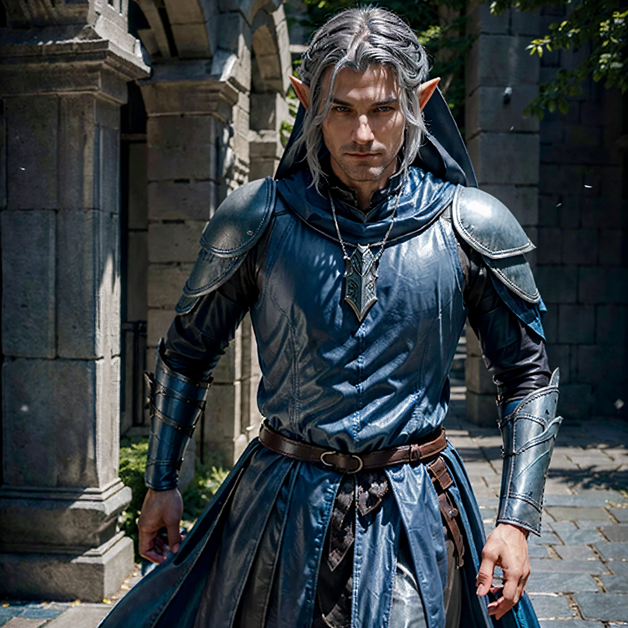 (Male elf ranger) (hunting bow) (blueish gray hair) (long hair) (pale skin) (silvery skin) (slender) (very dark blue cloak) (light gray shirt) (dnd character) (ultrarealism) (fantasy) (raven symbol necklace) (beautiful male) (athletic body) (leather armour) (dark brown leather breastplate armour) (smirk) (posing like royalty)