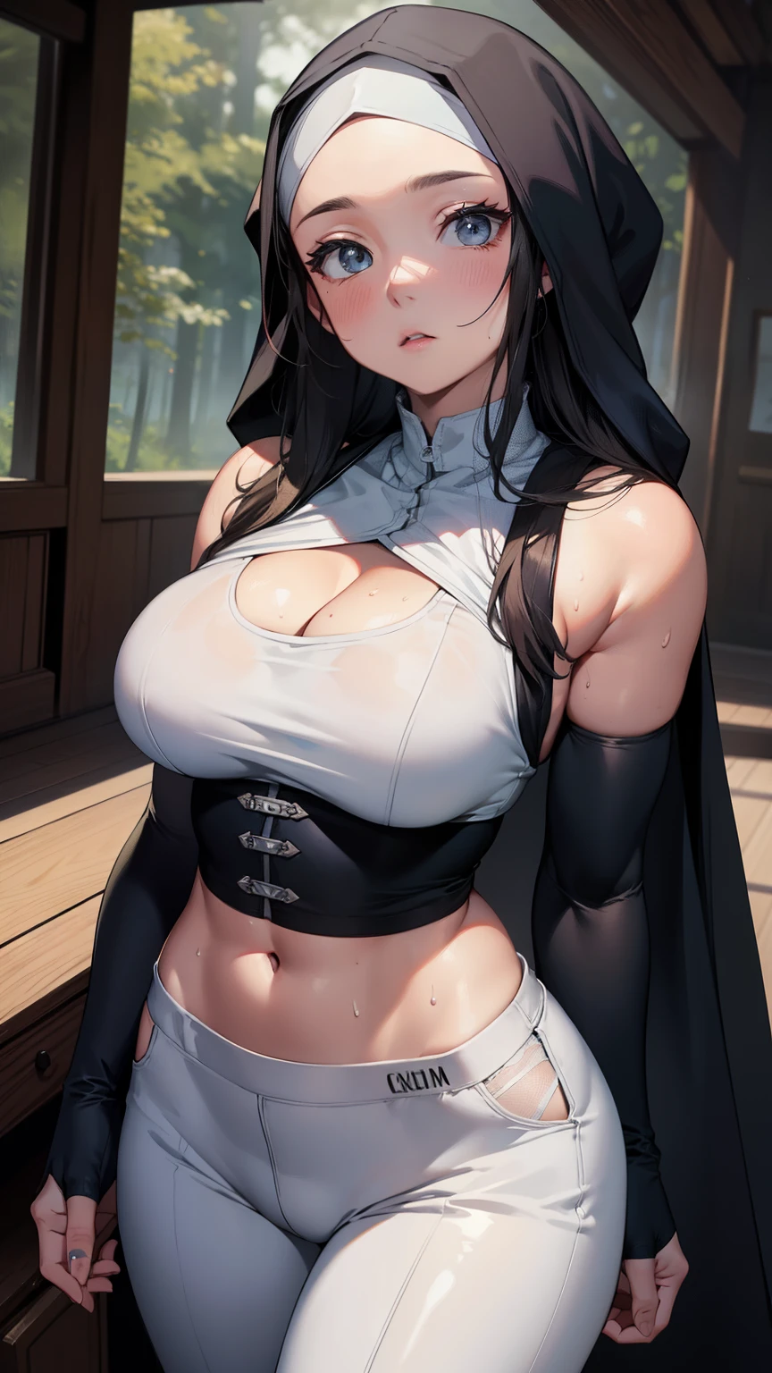 (Best quality,4K,8K,A high resolution,tmasterpiece:1.2),ultra - detailed,(actual,realistically:1.37),HighDynamicRange,hyper HD,Studio lighting,Ultra-fine painting,Focus sharp,physically-based renderingt,Extremely detailed description,professional,terror,this comic,sci-fy,photography,Concept artist, The most ridiculous quality), (tmasterpiece),ten ten\(ship legend\), 1 sister, own,, Forehead protector, Fingerless gloves, Konoha Hidden Symbols, Forest at night, Hijab, white shirt, Hakama pants, indian style, closeup cleavage, Fair skin, Colossal tits, Crazy swelling, Large shoulder blades, big chest and thin waist, Pelvis larger than shoulder blades, Fitness model, Ruddy cheeks, drenched all over the body, sweaty, breath through, breath through, Shy and nervous expression