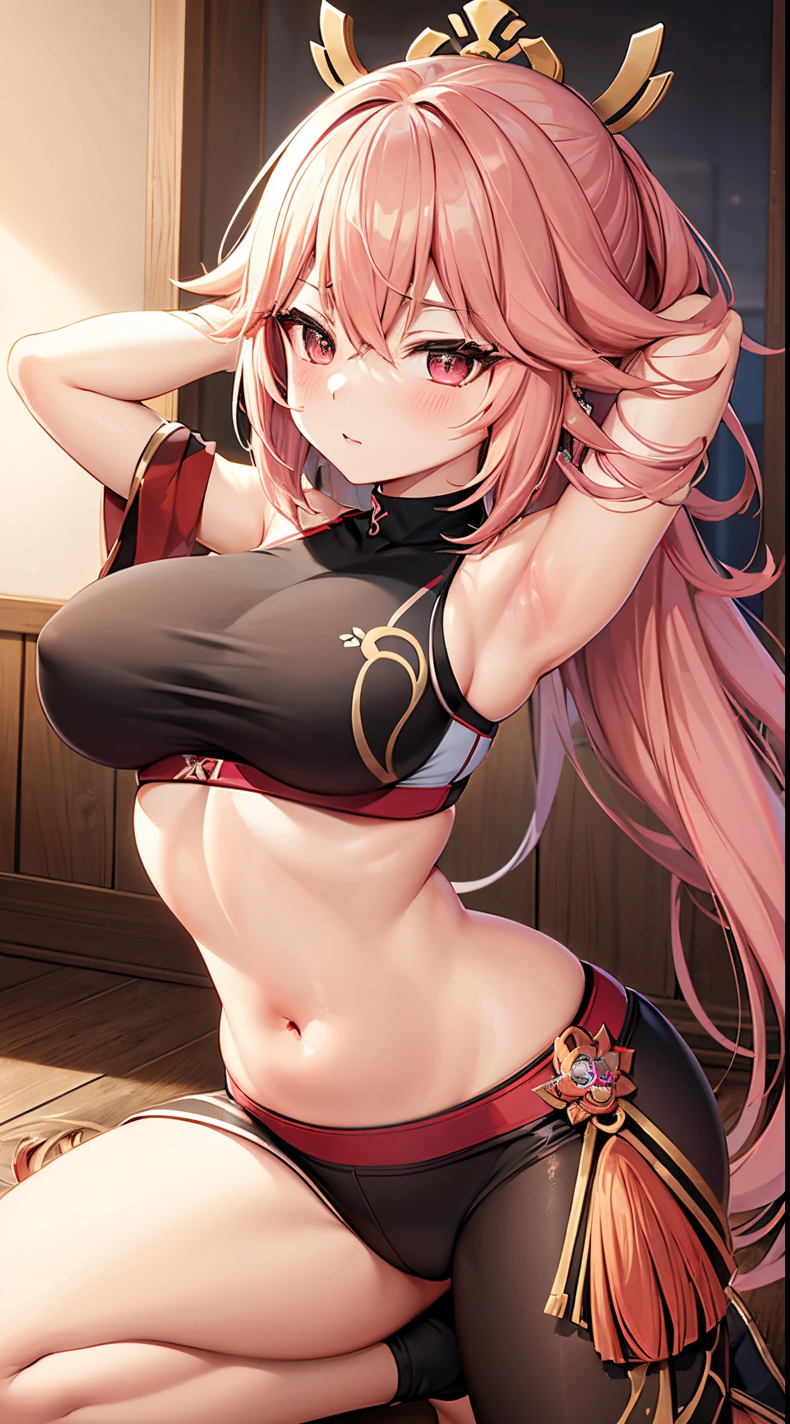 Yae miko - genshin impact, yae miko, genshin impact, Sports bra, big breast, midriff, detailed face, detailed body render, high quality, girl, solo, Sports pants, hands behind head, Kneel, sexy, blush, plump thighs