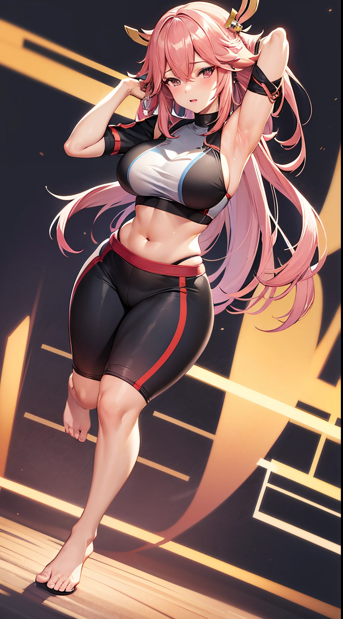 Yae miko - genshin impact, yae miko, genshin impact, Sports bra, big breast, midriff, detailed face, detailed body render, high quality, girl, solo, Sports pants, hands behind head, Kneel, sexy, blush, plump thighs