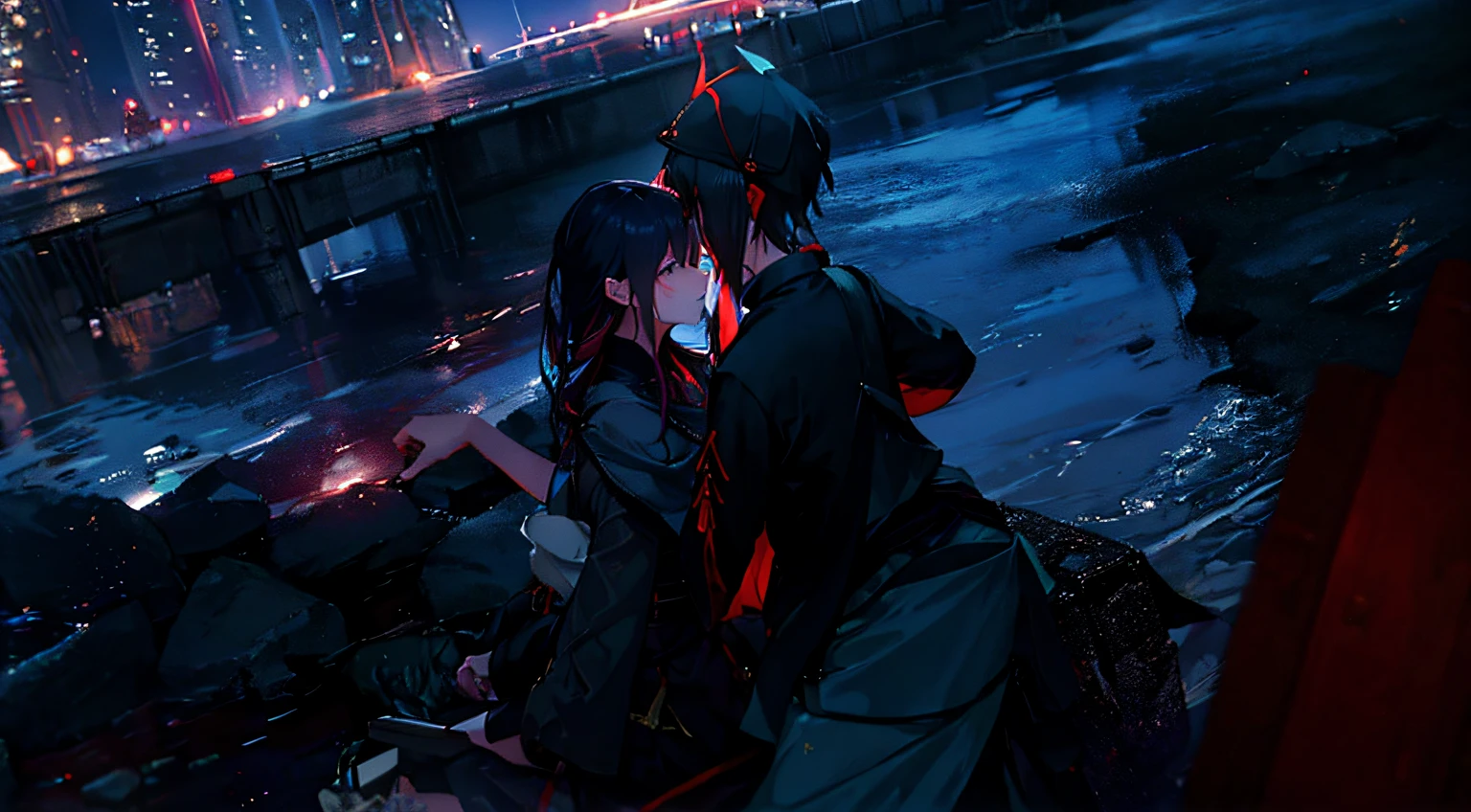 A couple sitting side by side by the water, ruan jia and fenghua zhong, river in the background, ruan jia and brom, Night photos, KDA and Sanyang, non blurry, beside a river, neonlight