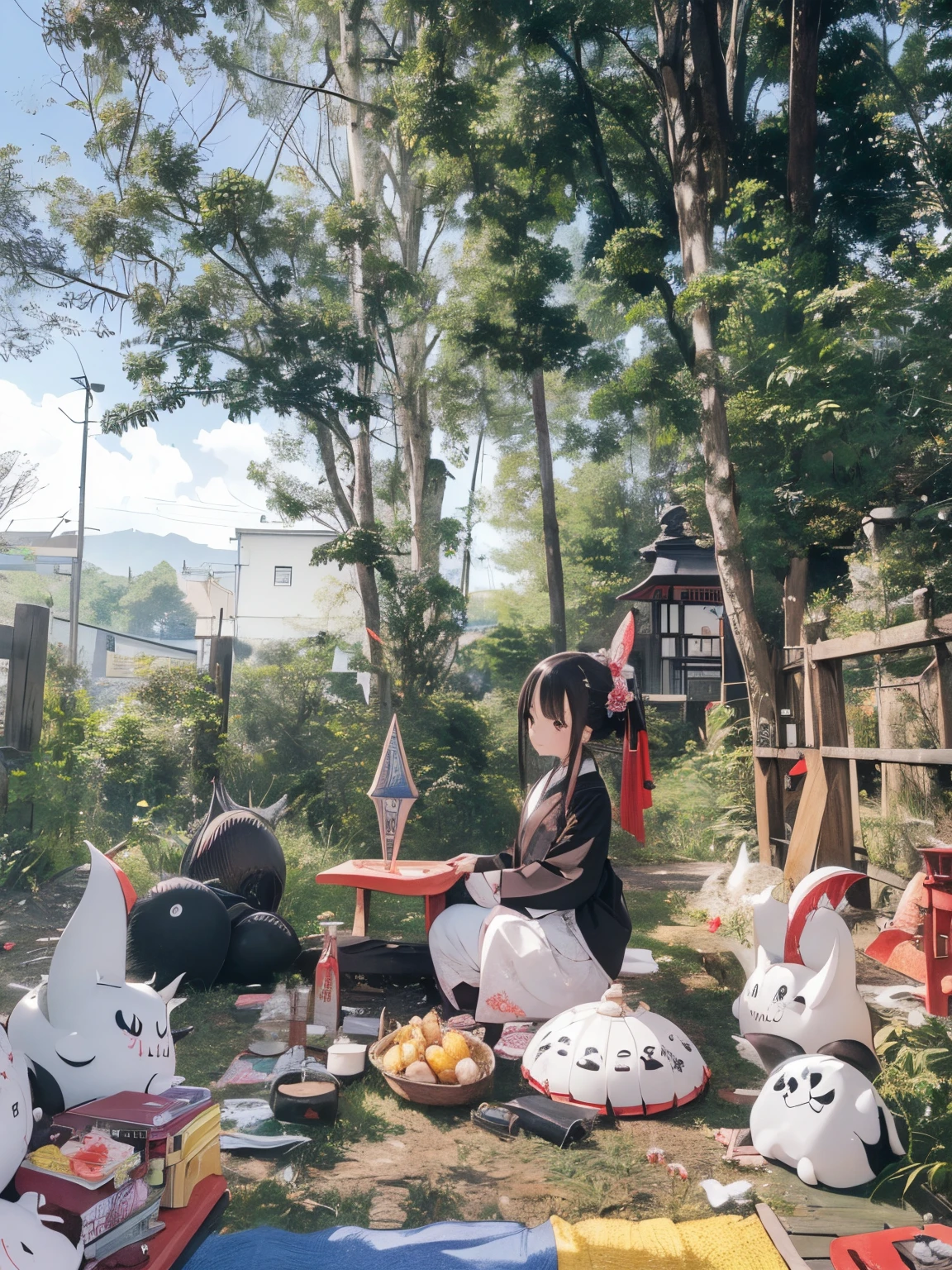 (1 girl:1.2), solo, himecut,traditional japanese clothes, red eyes,cartoon style, joe fenton, a black and white photo of deadpan, camping, unbecoming, gnawling, envy, Ghast (Lovecraftian),calm, soft smile, Wayne Barlowe,, in gochuumon wa usagi desu ka? style, nostalgic
