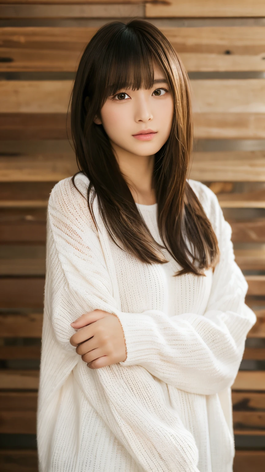 (top-quality、16K resolution)女の子1人、natural soft light、small tits、A Japanese Lady、Looking at the camera、White long-sleeved knit、(Beauty Salon Background)、Facing the front、 Standing、(bobhair)、Woman in her late teens、Light bangs、short-hair、Salon model、Natural look、portlate