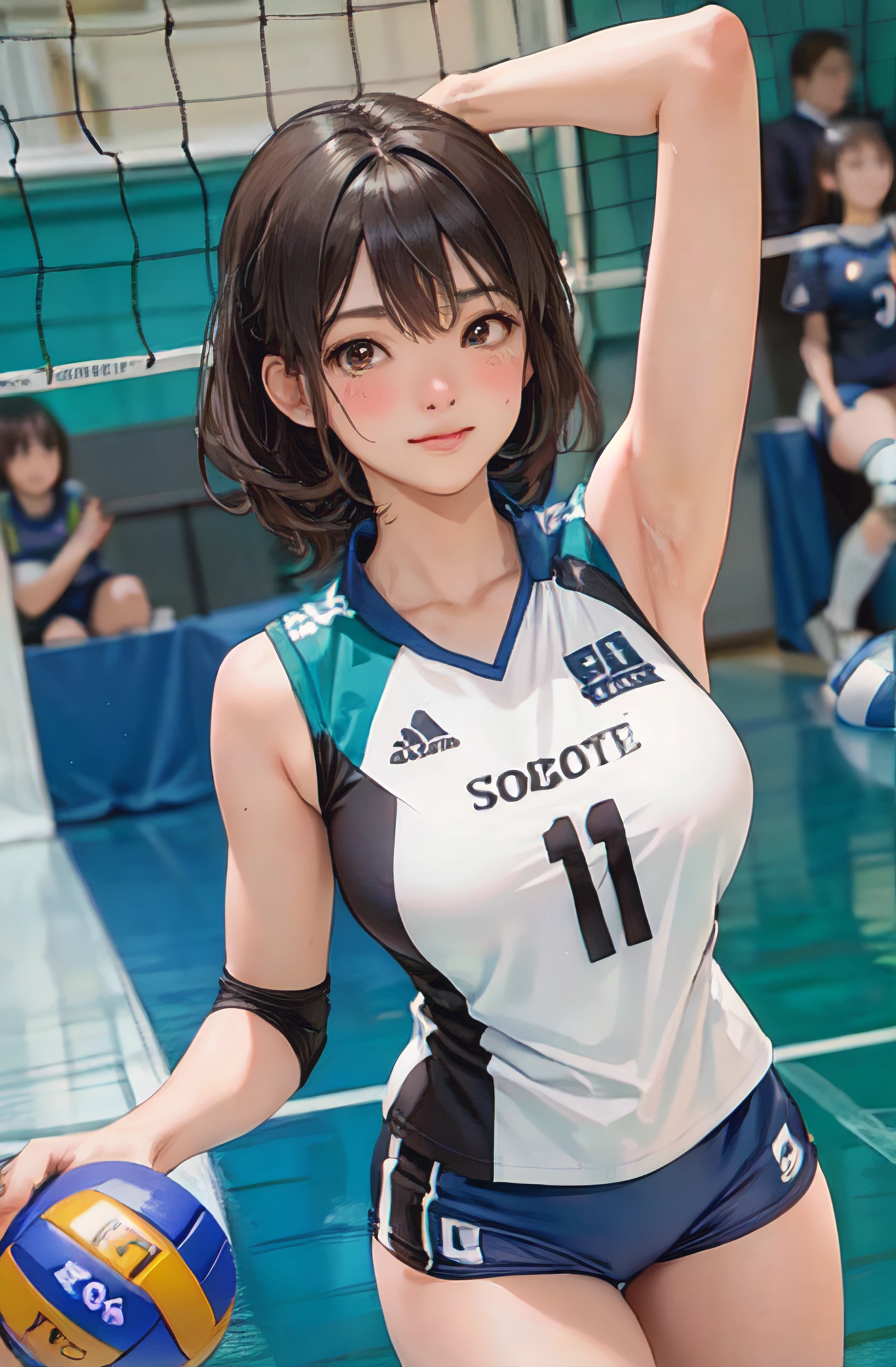 1lady solo, /(volleyball uniform/), /(dark brown hair/) bangs, blush light smile, (masterpiece best quality:1.2) delicate illustration ultra-detailed, large breasts BREAK /(volleyball court indoors/)